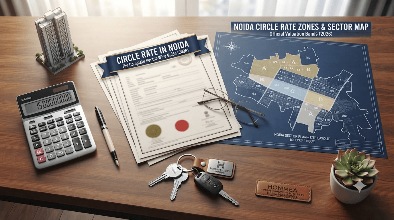 Circle Rate in Noida 2026 Complete sector-wise guide featuring property documents, Noida sector map, keys, and calculator on a wooden real estate desk.