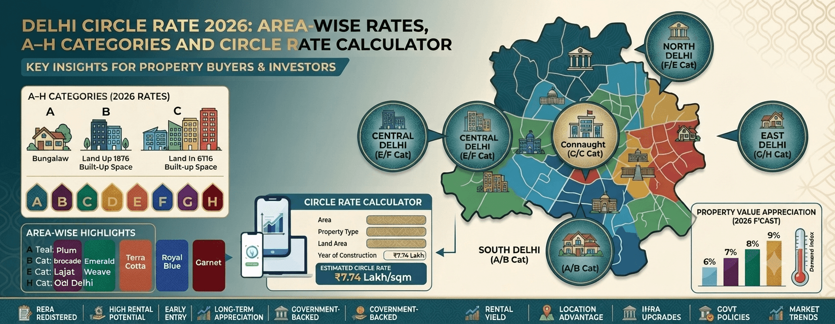 Delhi circle rate 2026 guide with area-wise category A to H rates
