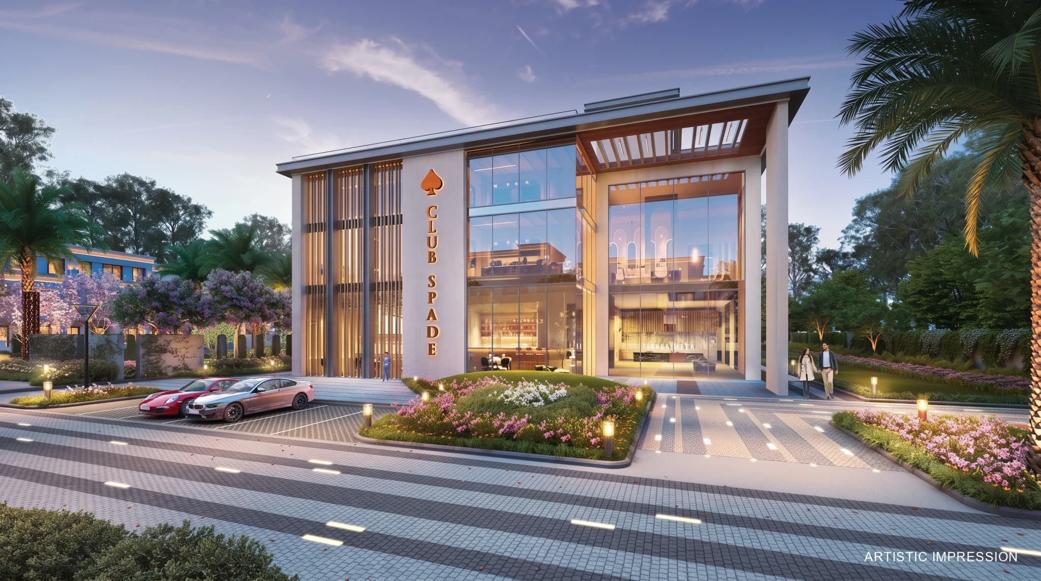 Ace Acreville amenities featuring the modern Club Spade building at dusk