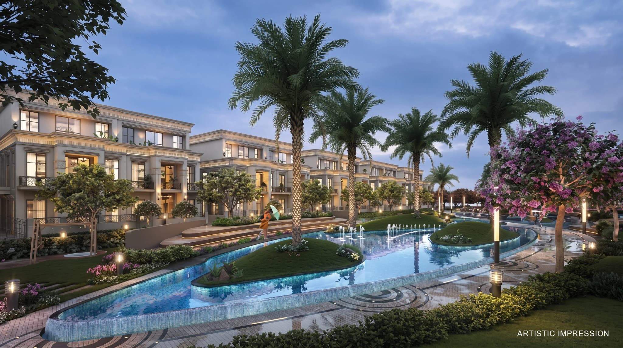 Ace Acreville luxury residential community featuring palm trees and landscaped water bodies