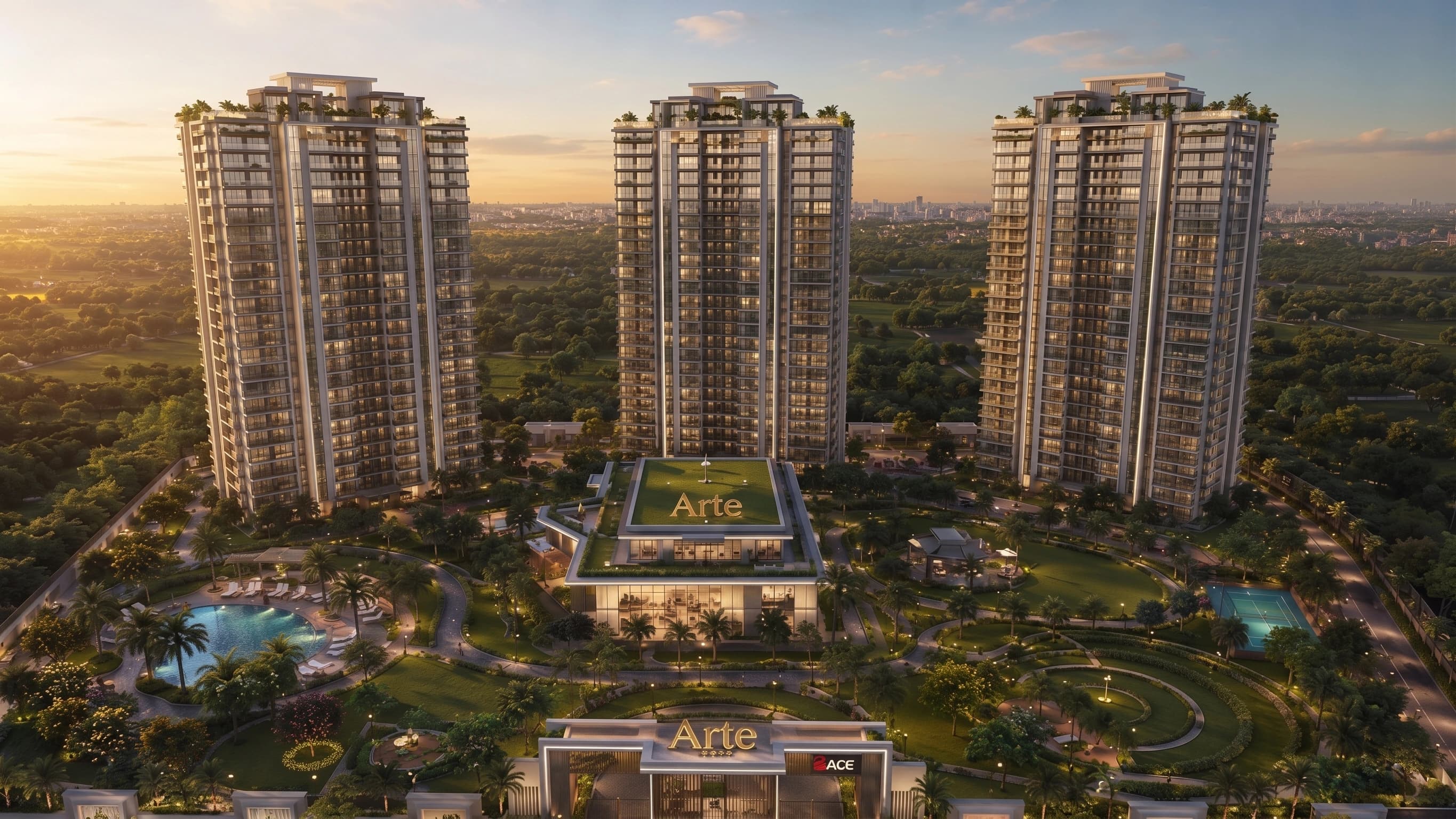 ACE Arte Sector 150 Noida aerial view showcasing luxury residential towers, landscaped central greens and modern development