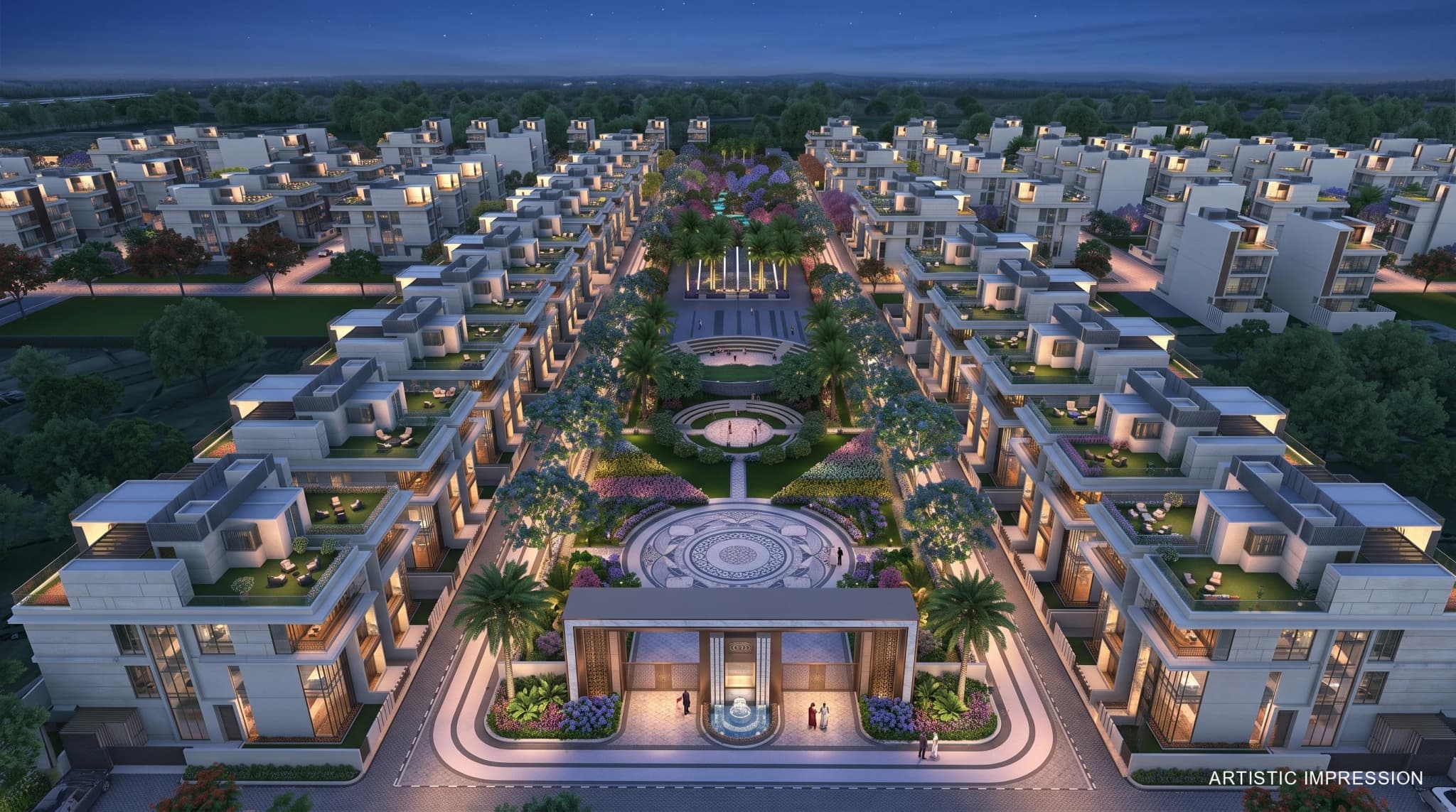 Aerial view of ACE Estate luxury residential township and landscaped central gardens