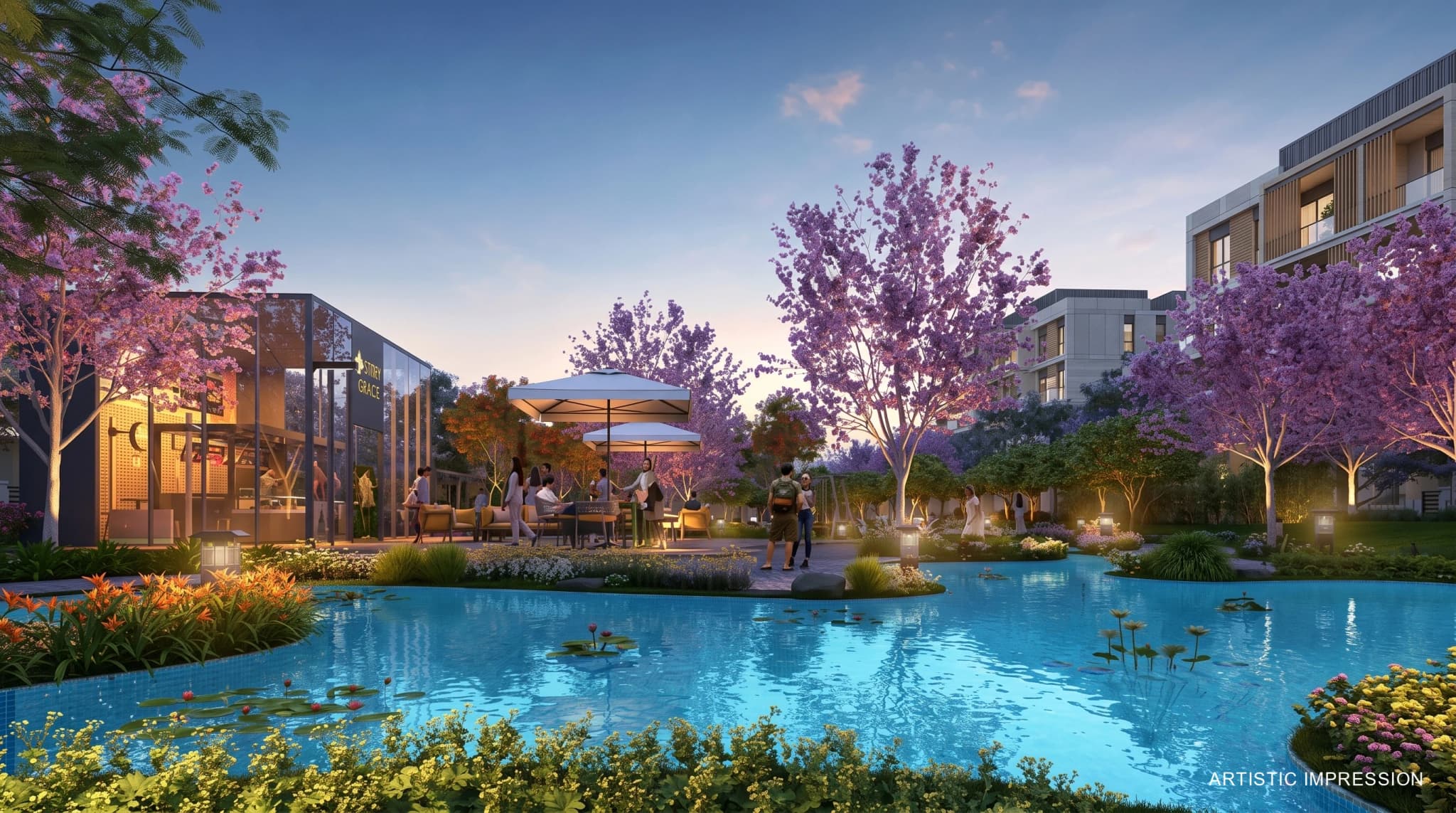 Luxury outdoor swimming pool and landscape amenities at ACE Estate
