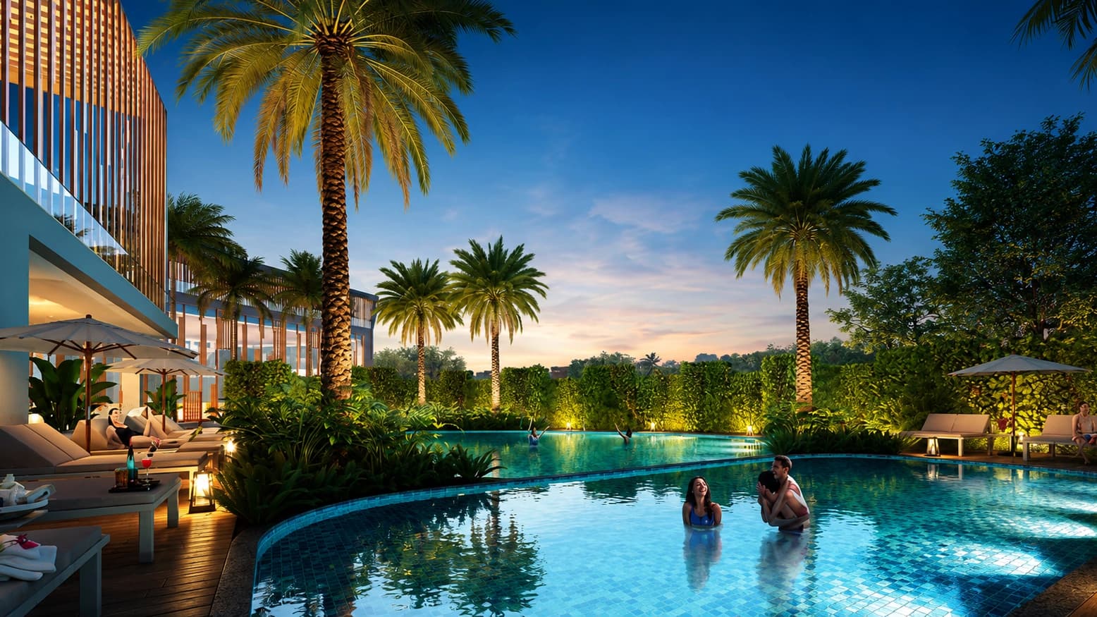 Resort-style swimming pool surrounded by landscaped gardens at ACE Palm Floors Gurgaon