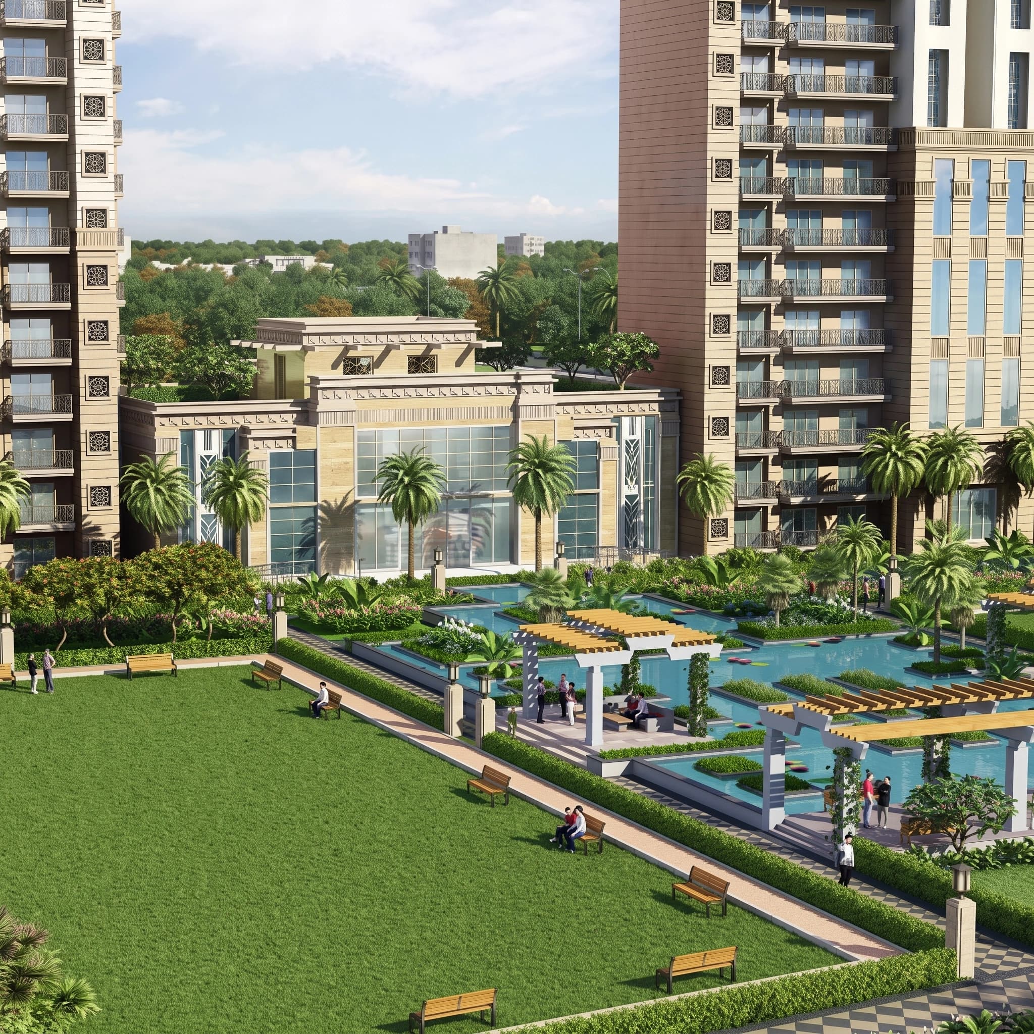 Premium clubhouse surrounded by landscaped greens at ACE Parkway