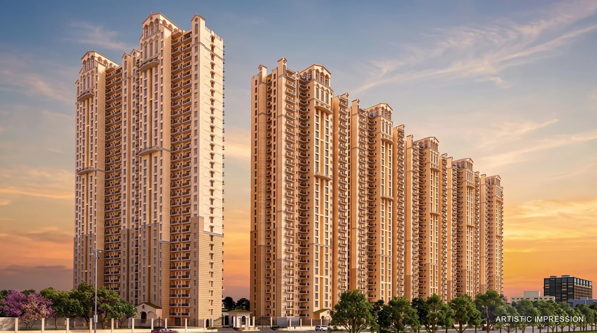 Premium high-rise luxury apartment buildings and modern exterior architecture at ATS Pious Orchards
