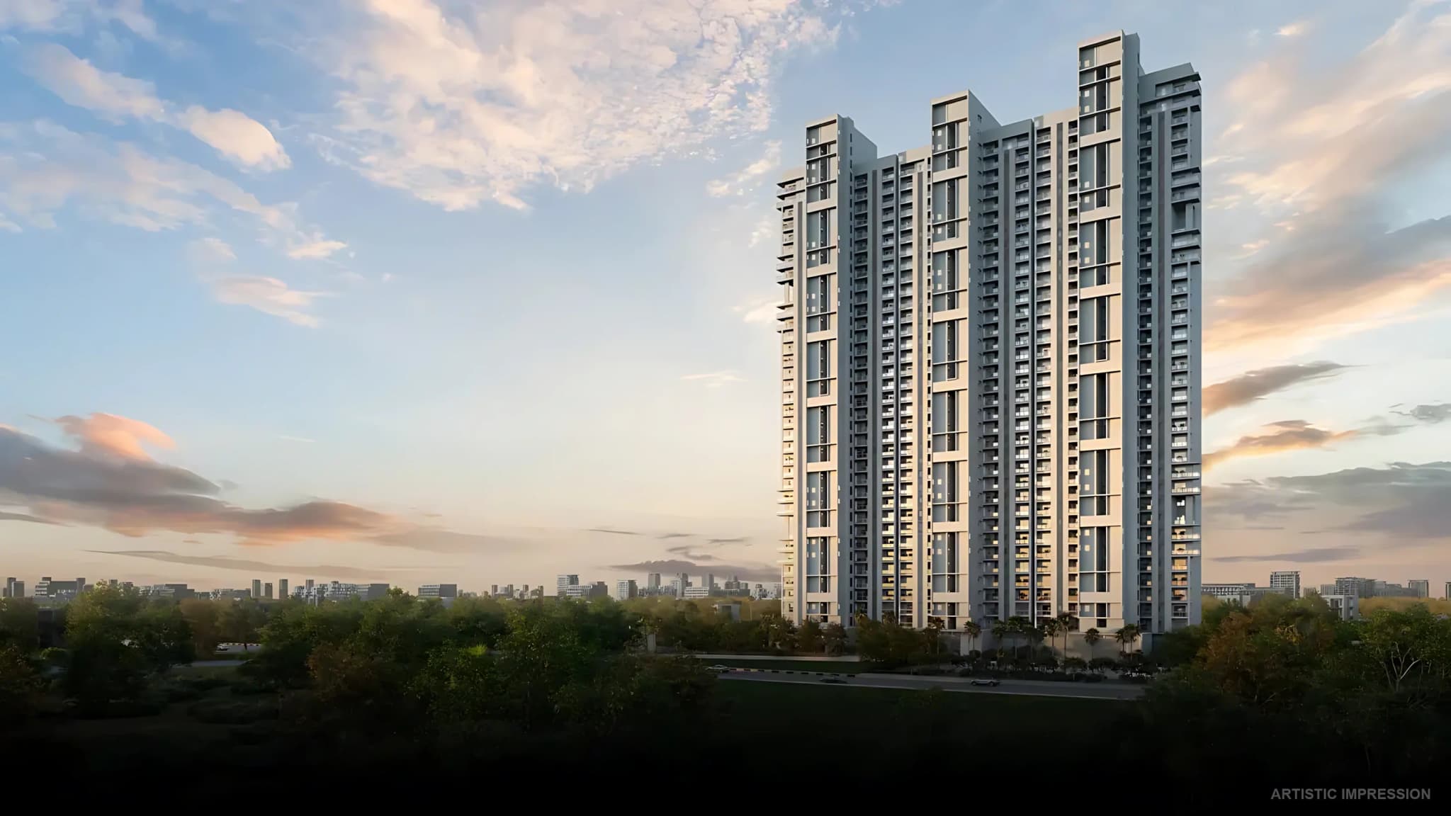 Birla Pravaah Sector 71 modern high-rise residential towers with city skyline and lush green surroundings