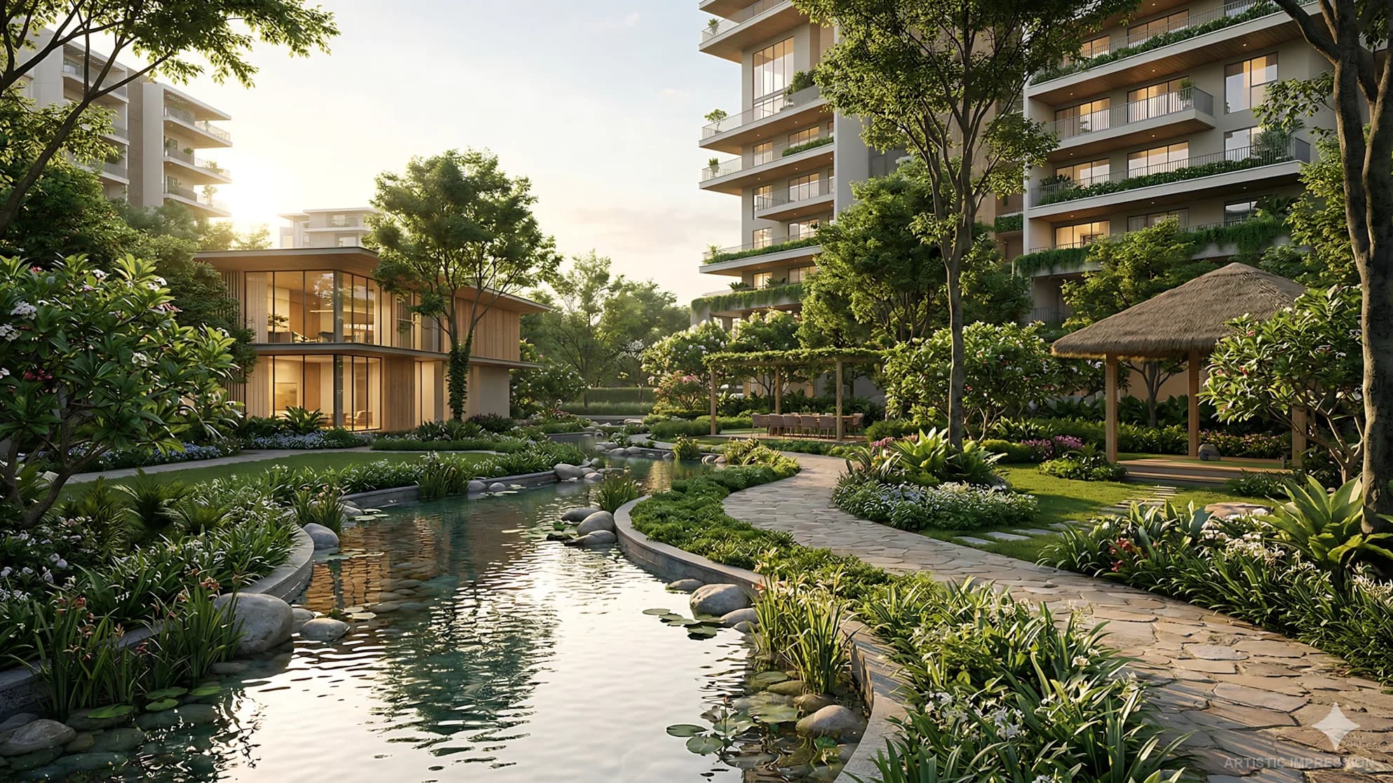 Modern community living at Birla Pravaah Sector 71 with landscaped gardens, water features and serene outdoor spaces