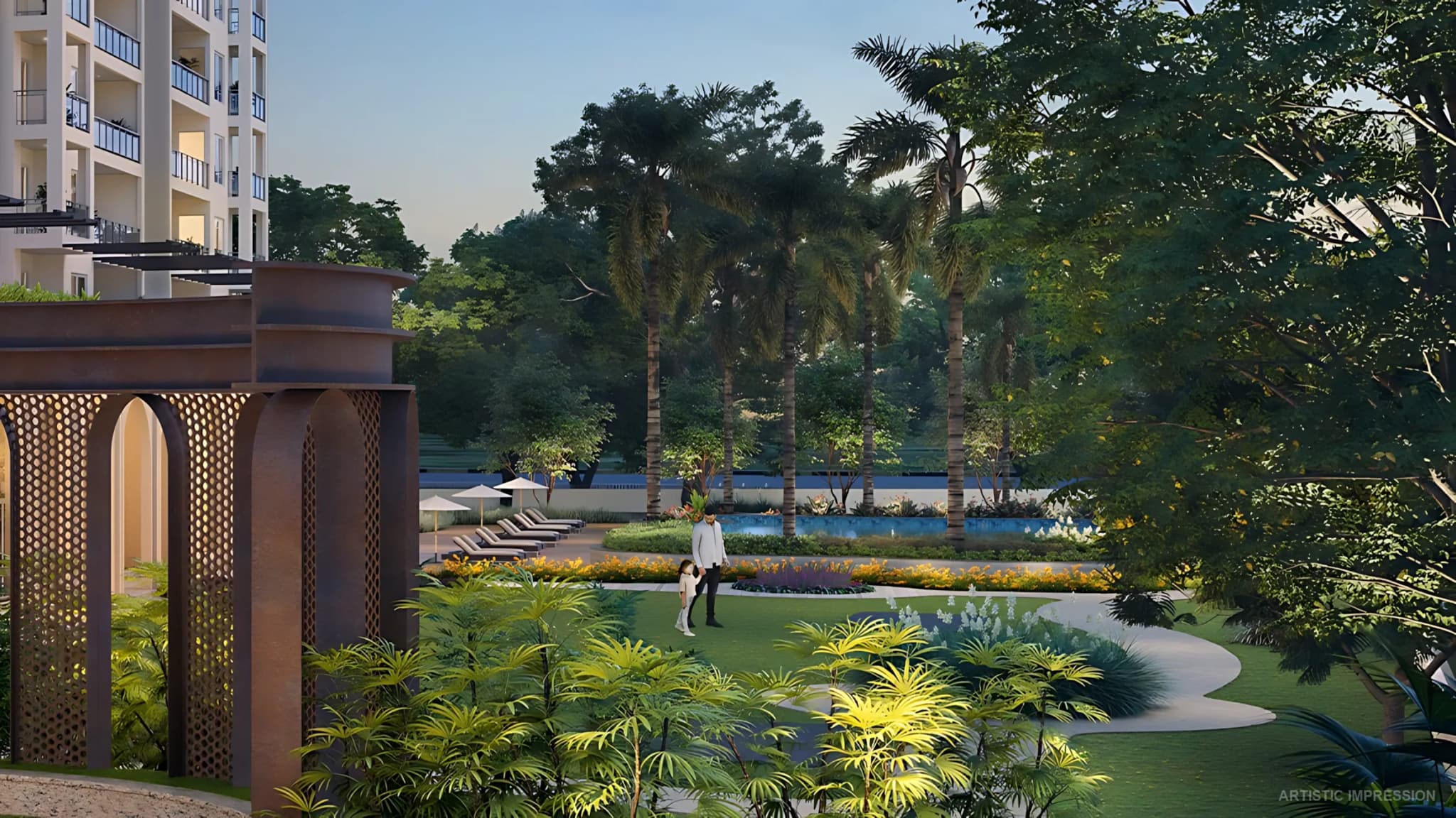 Premium outdoor lifestyle amenities at Birla Pravaah with landscaped gardens, leisure pool and shaded pavilions