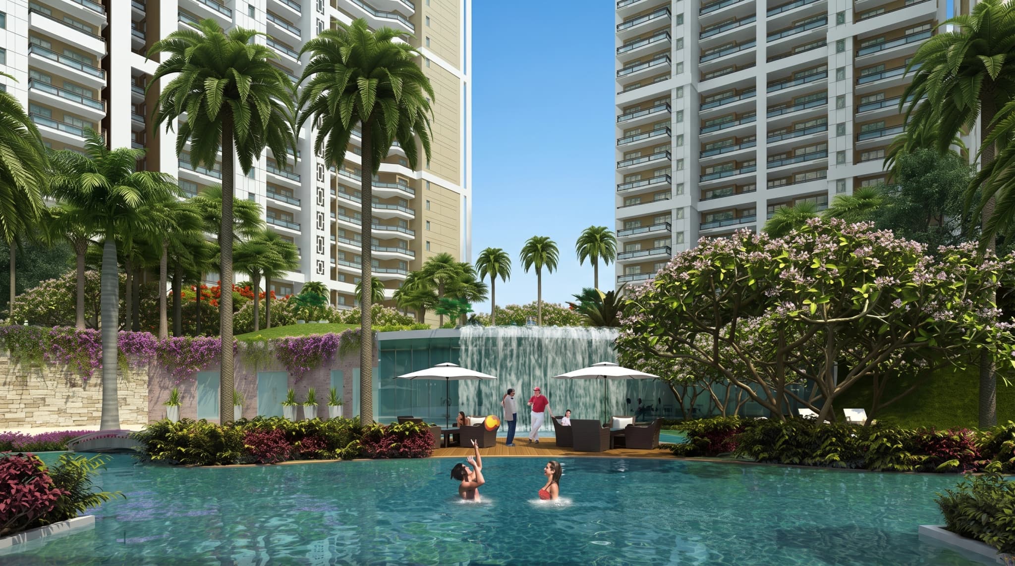 Resort-style swimming pool with landscaped deck at DLF The Crest Gurgaon