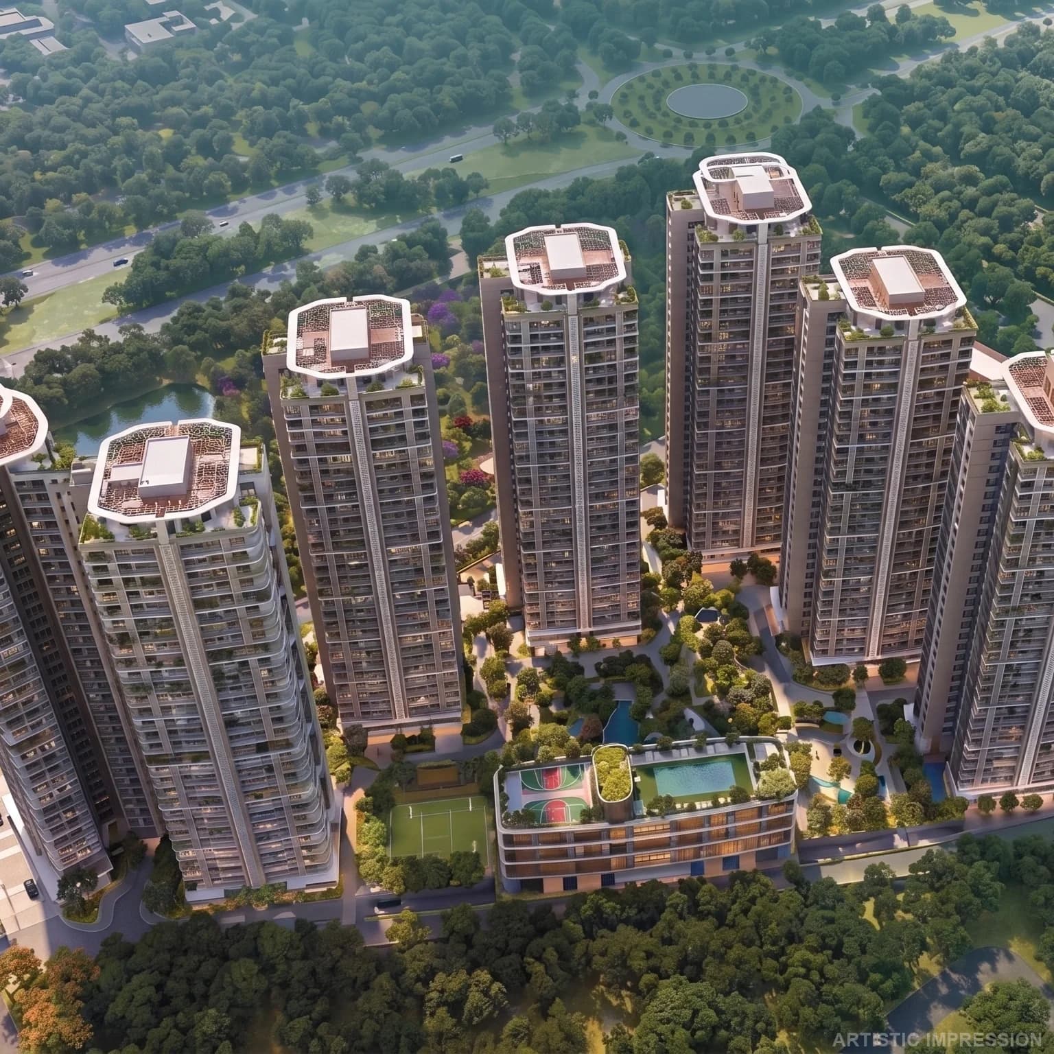 Aerial view of premium residential towers surrounded by lush greenery at Eldeco 7 Peaks Residences