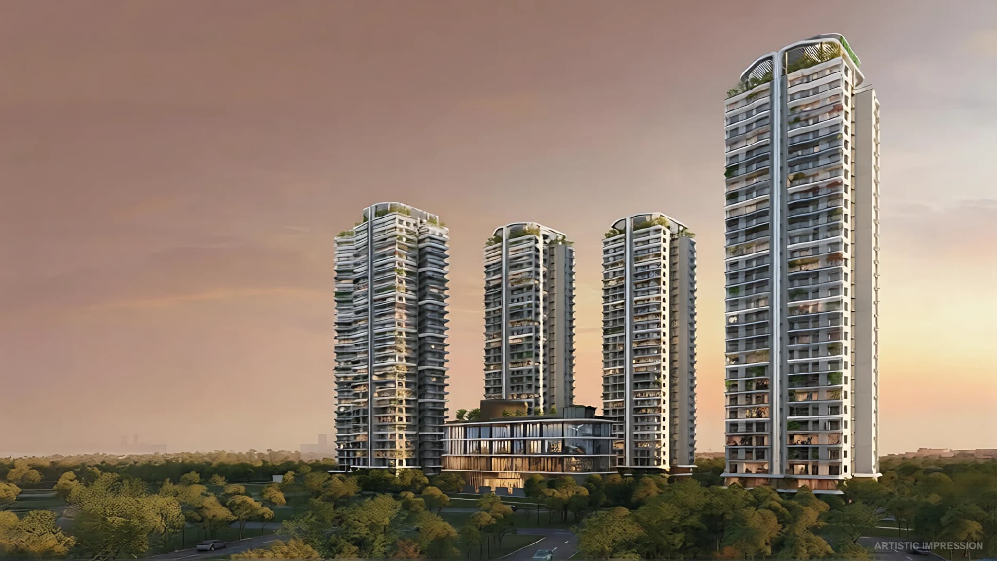 Eldeco 7 Peaks Greater Noida standalone residential towers at sunset with landscaped greens and clubhouse podium