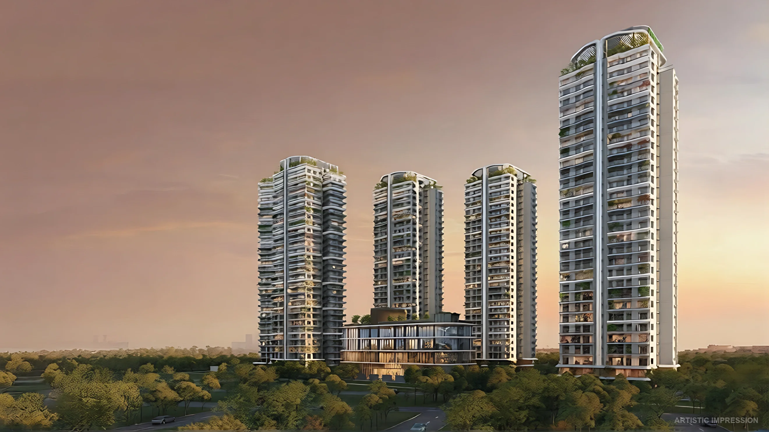 Eldeco 7 Peaks Greater Noida standalone residential towers at sunset with landscaped greens and clubhouse podium