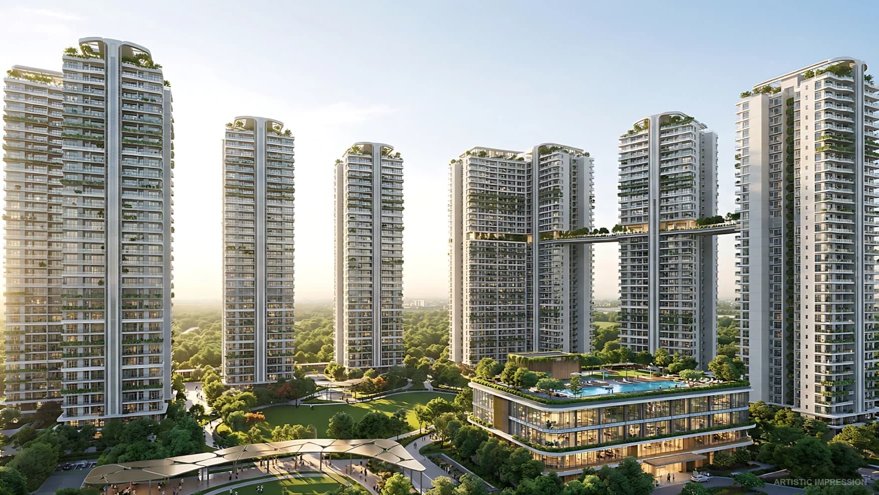Aerial view of seven standalone towers at Eldeco 7 Peaks with sky bridges and lush landscaped surrounds