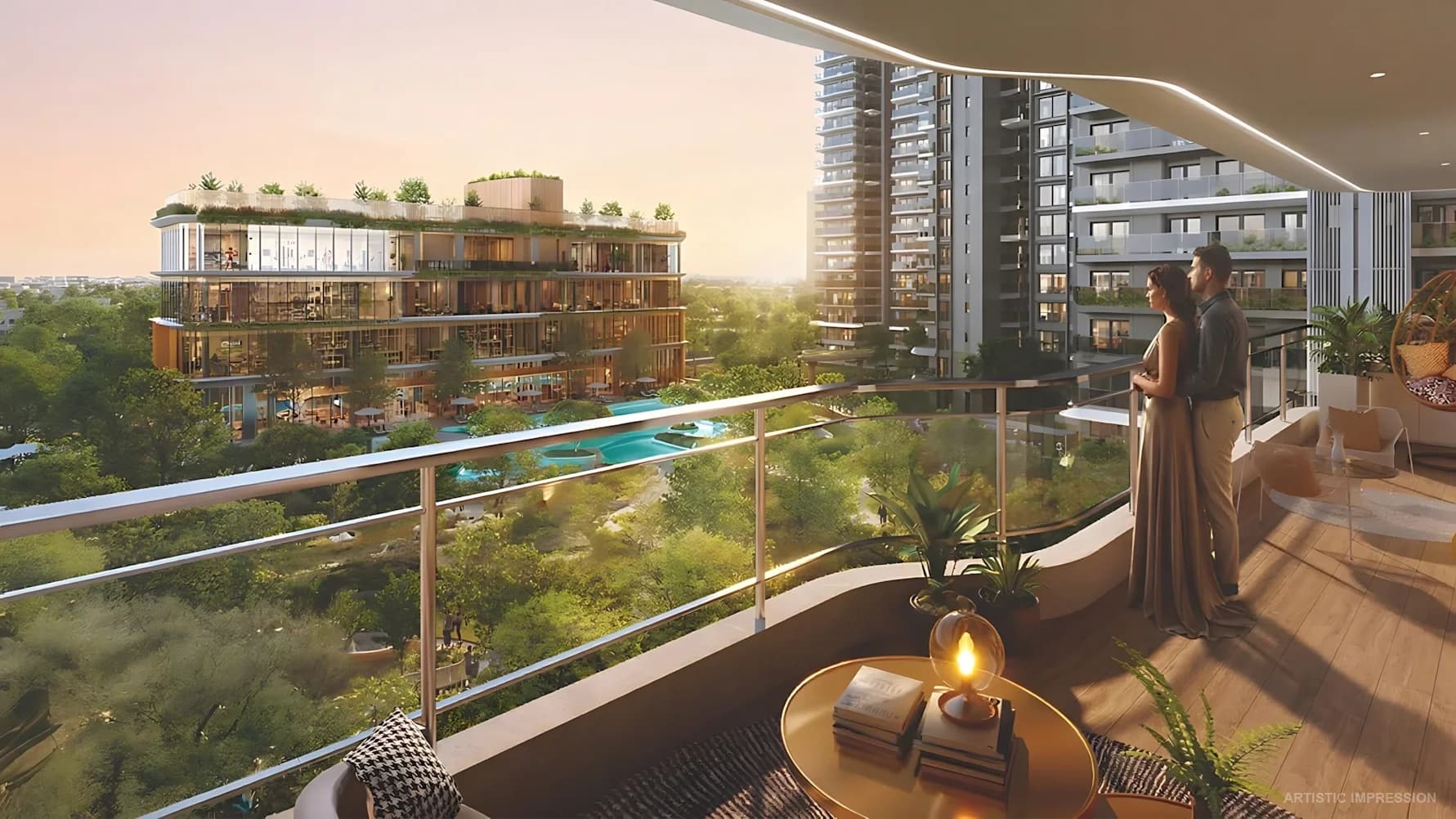 Curved wraparound balcony at Eldeco 7 Peaks with three-side-open layout overlooking pool and gardens