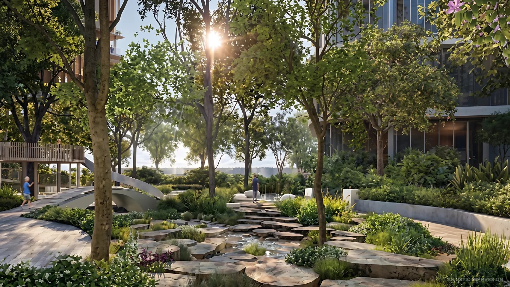 Sunlit morning garden highlights at Eldeco 7 Peaks with stone-stepping paths, water features and oxy-rich tree cover
