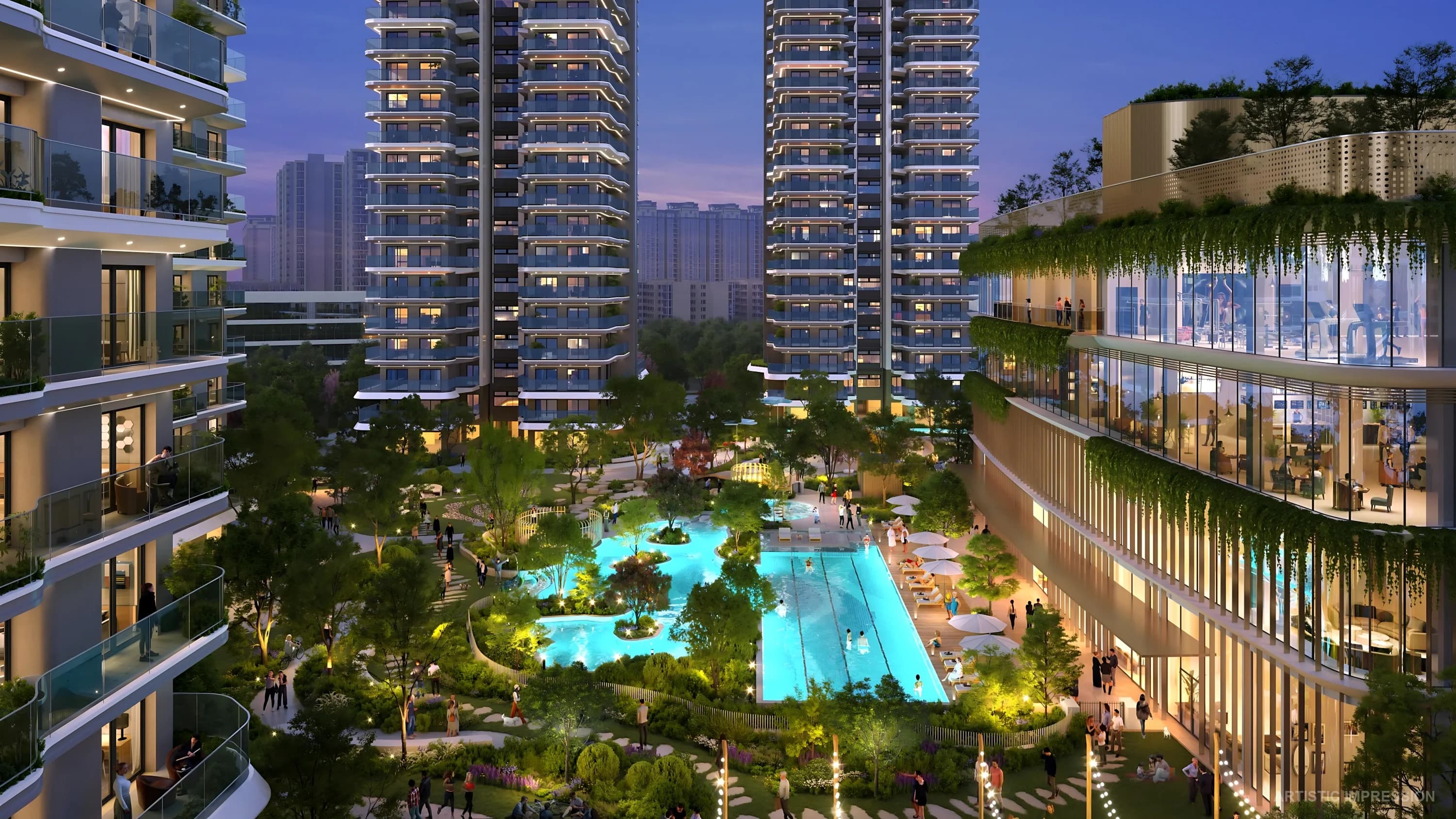 Premium amenities at Eldeco 7 Peaks with twilight central pool, cascading vertical gardens and tower podium