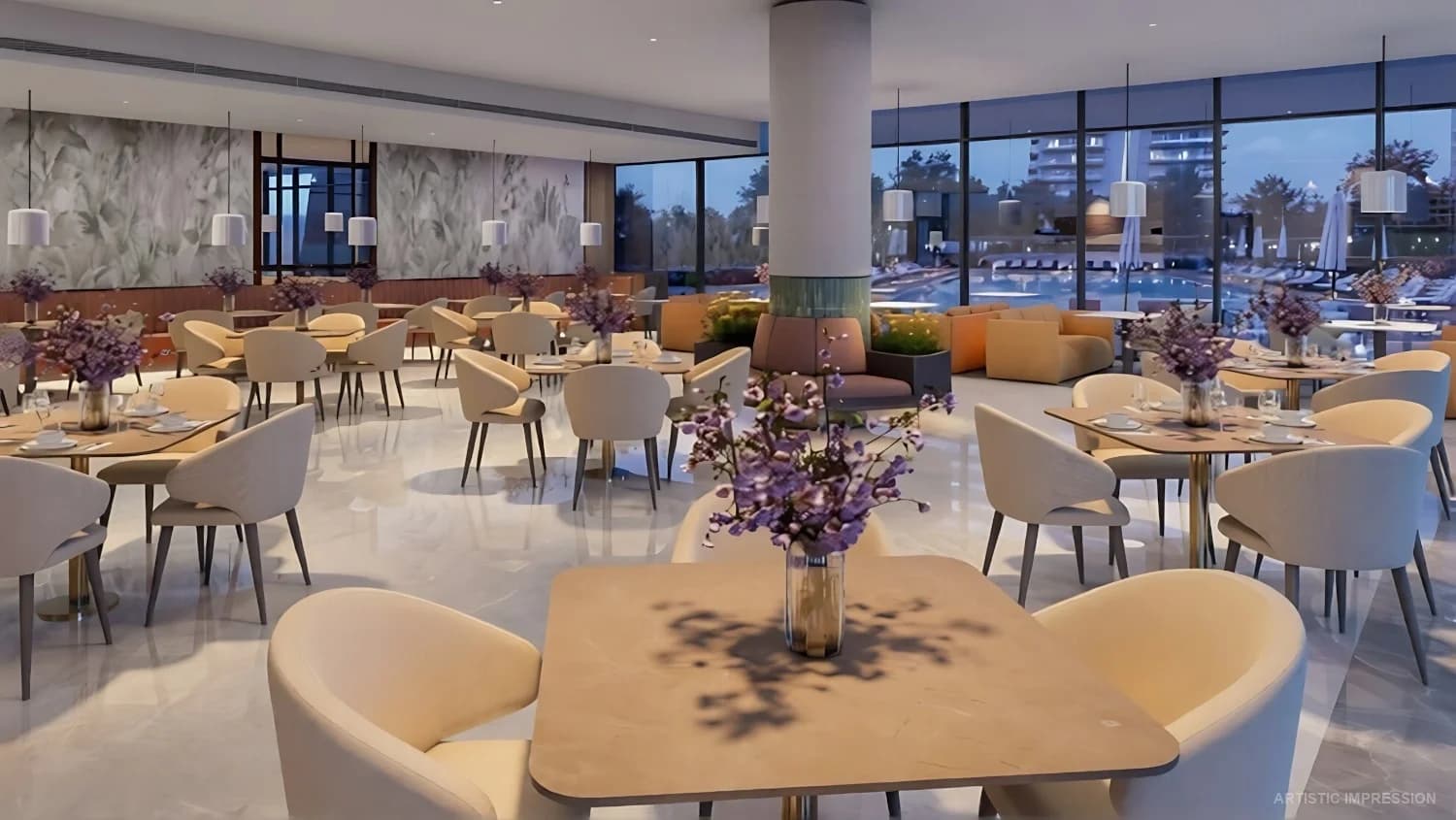 Elegant clubhouse lounge and café seating area at Emaar Serenity Hills