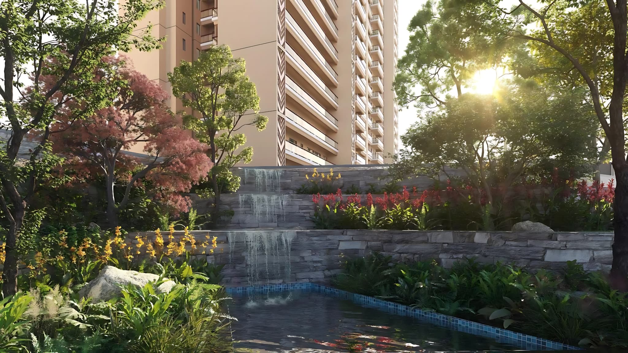 Landscaped gardens with cascading water feature at Godrej Aristocrat Sector 49 Gurgaon