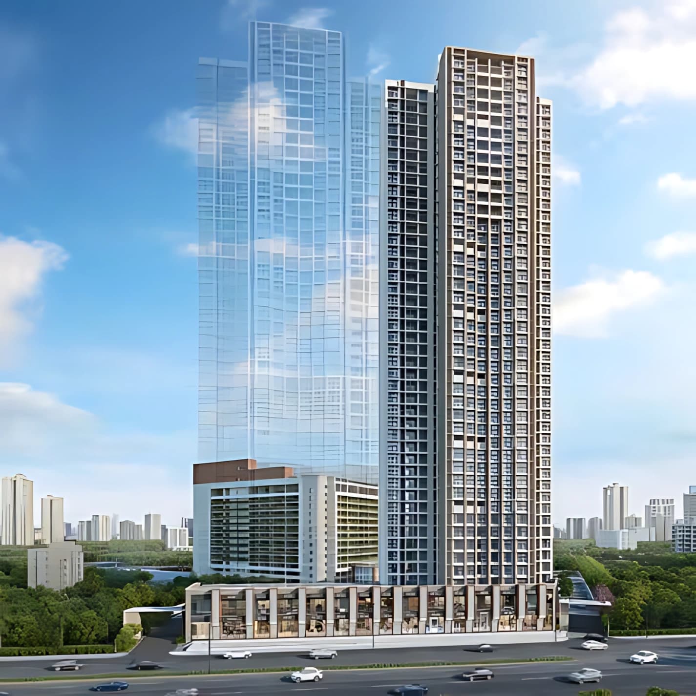 Luxury residential development with retail boulevard, modern tower architecture and urban connectivity
