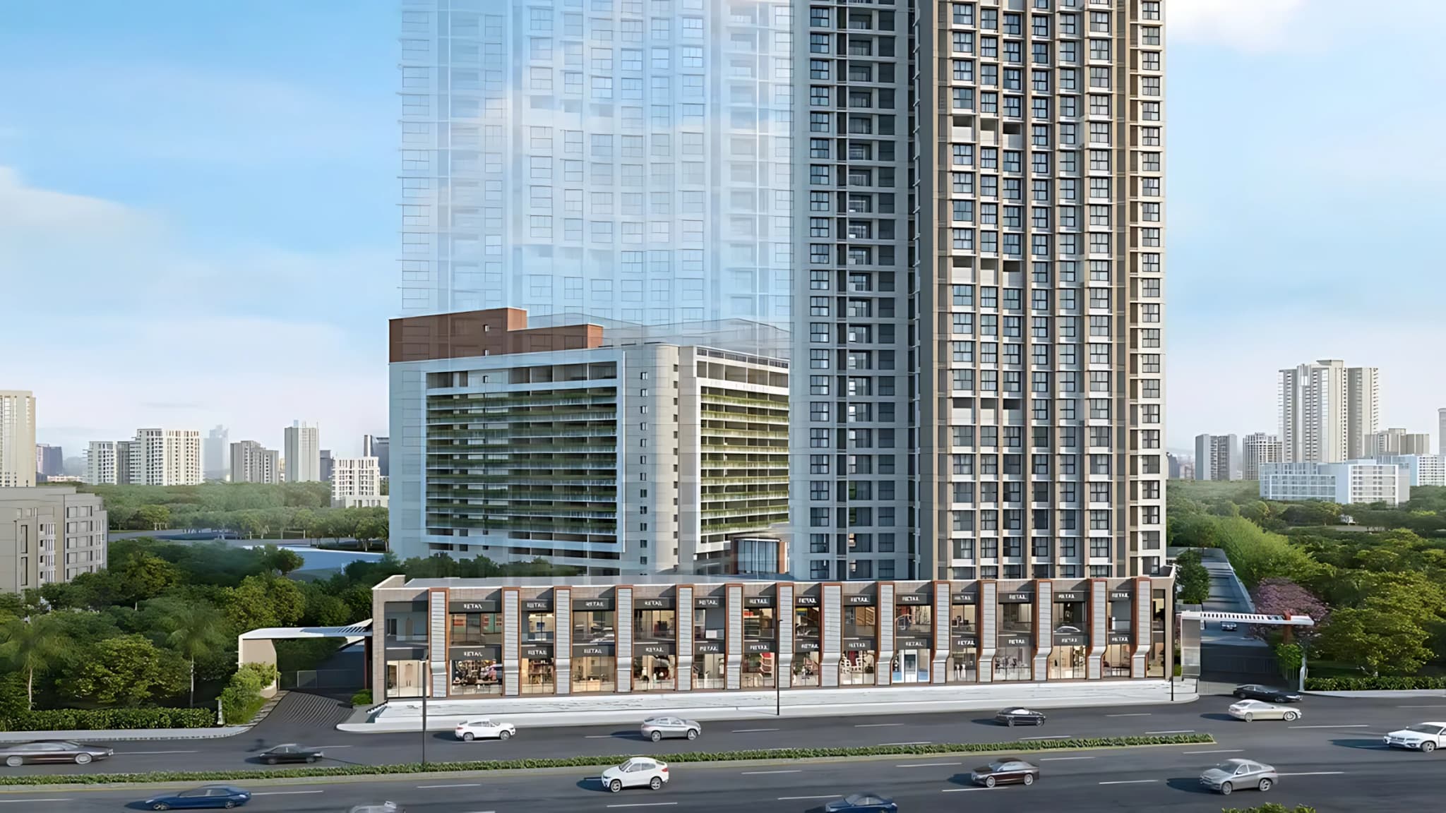 Premium high-rise residential tower with integrated retail boulevard and contemporary urban architecture
