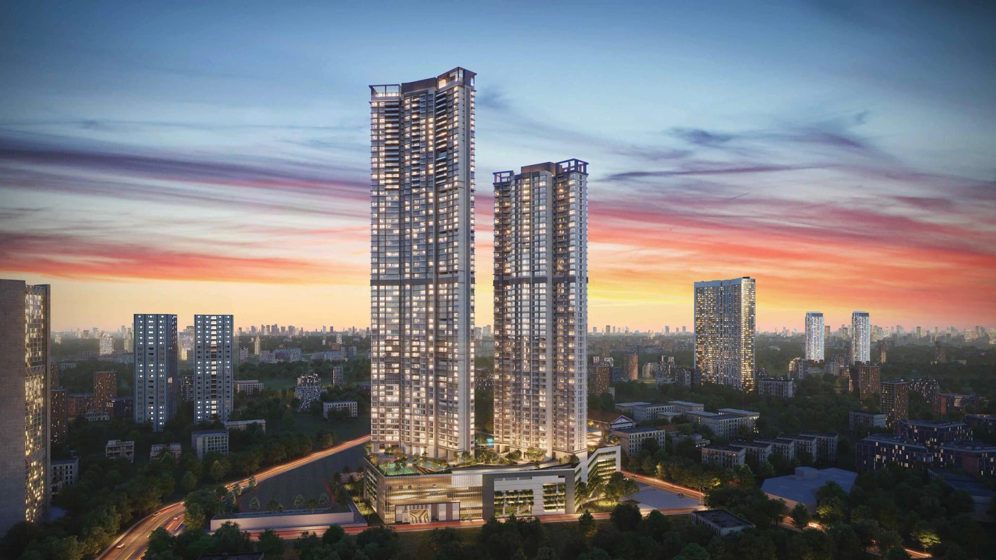 Luxury twin residential towers with panoramic city skyline views and contemporary high-rise architecture