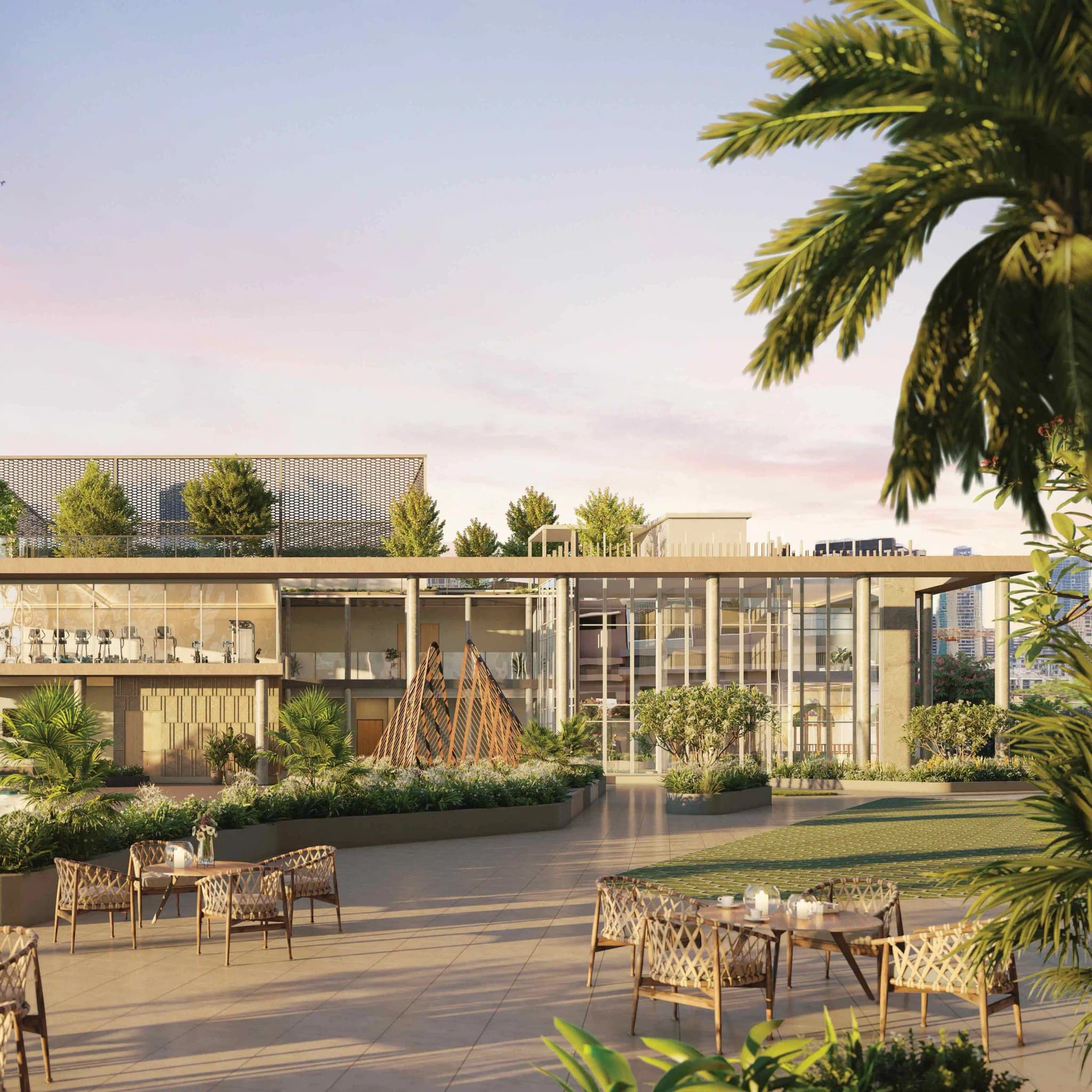 Premium clubhouse with landscaped outdoor seating, wellness facilities and recreational spaces
