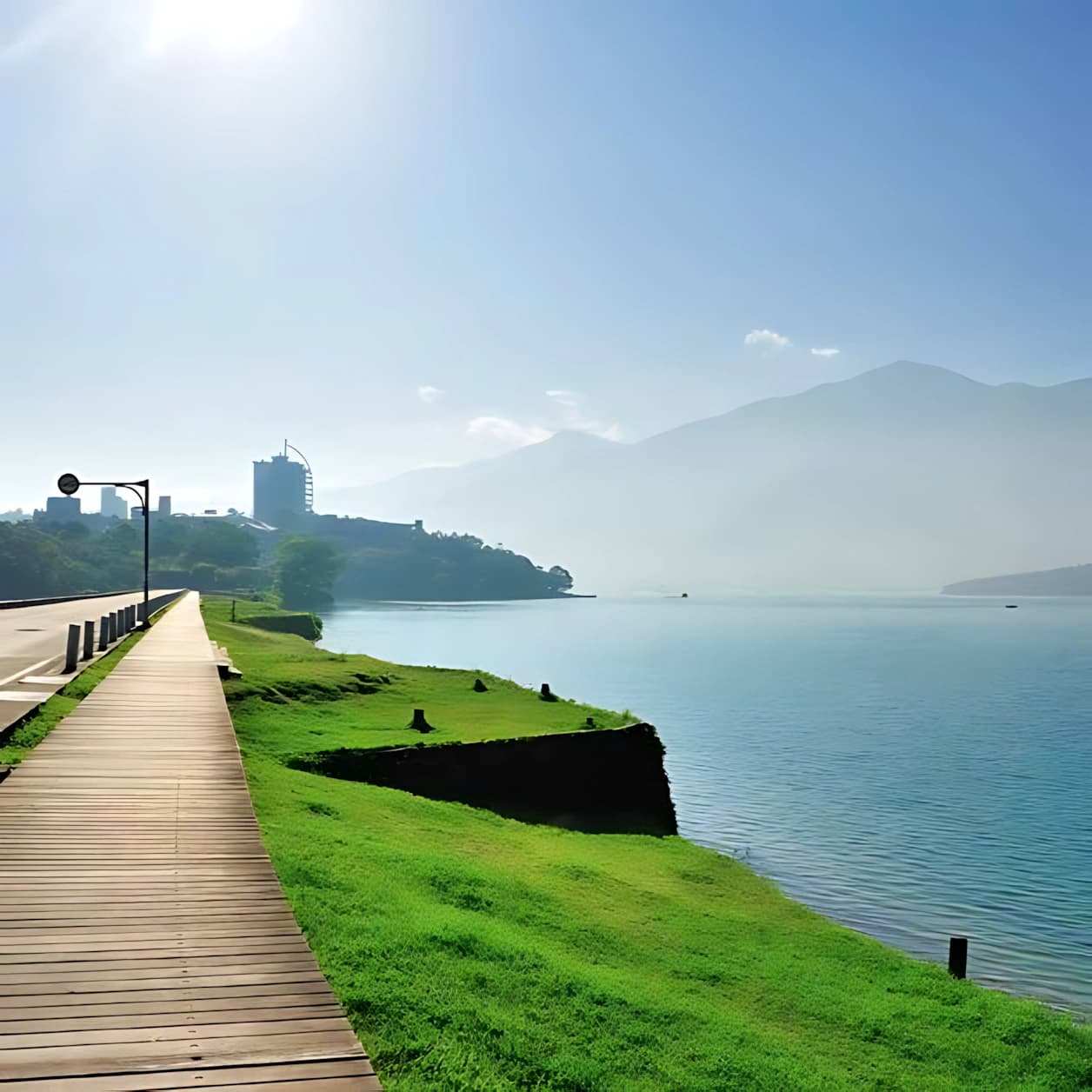 Scenic waterfront promenade with lush green landscapes and panoramic lake views near the residential community