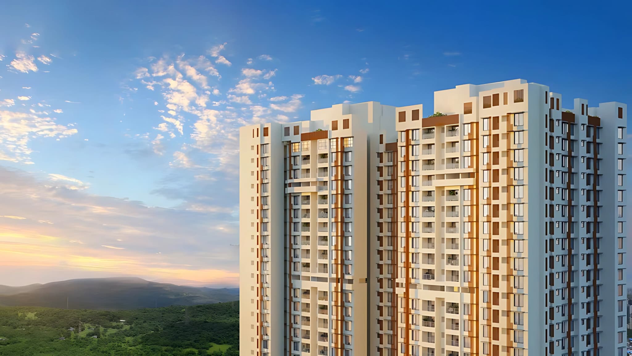 Luxury residential tower overlooking expansive green landscapes and hills, featuring modern architecture and panoramic sunset views