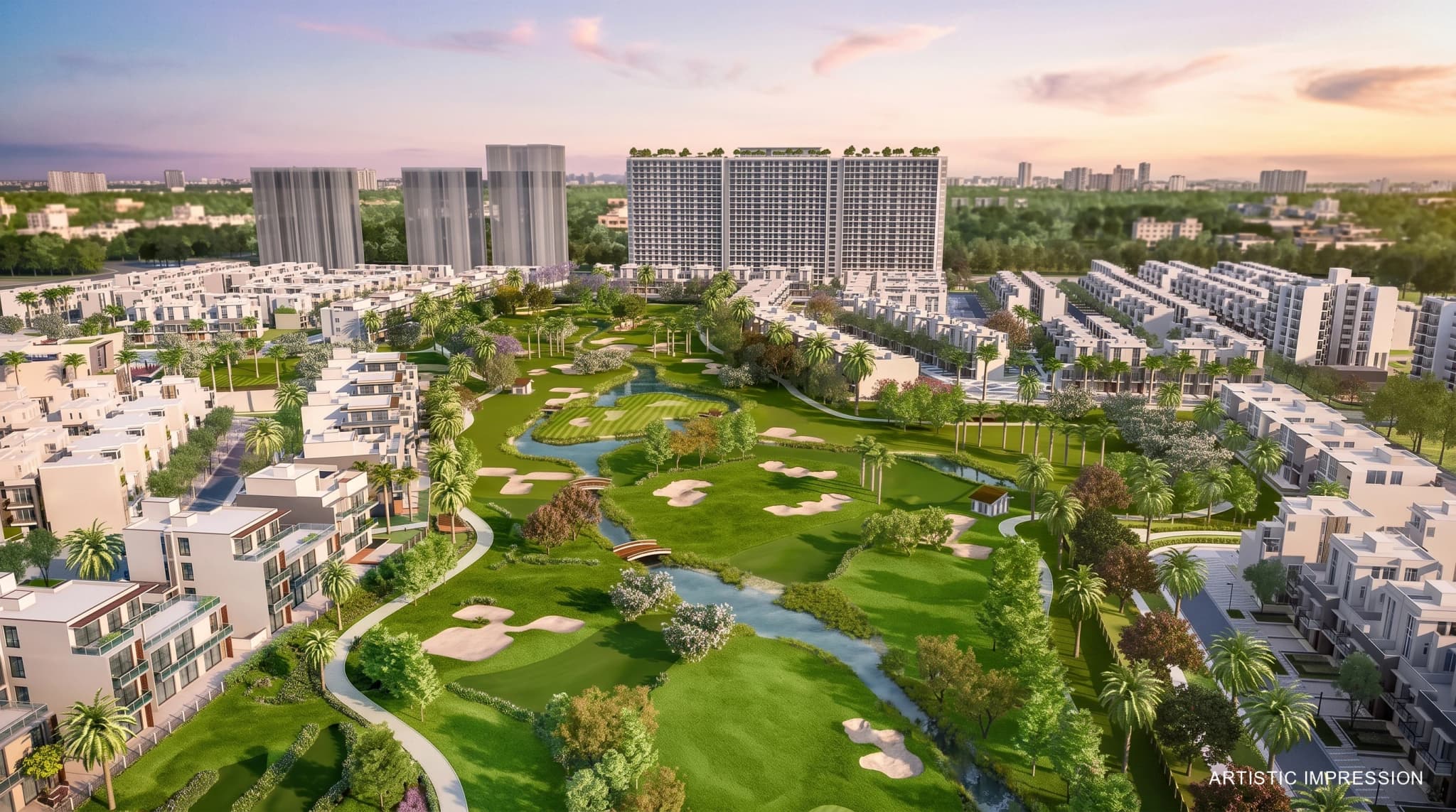 Godrej Crown Residences aerial view with golf course, landscaped greens, villas and high-rise residences