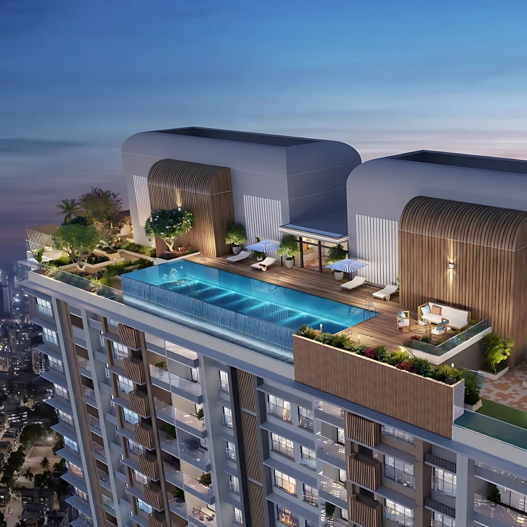 Sky-level infinity pool and luxury rooftop leisure deck with panoramic city views
