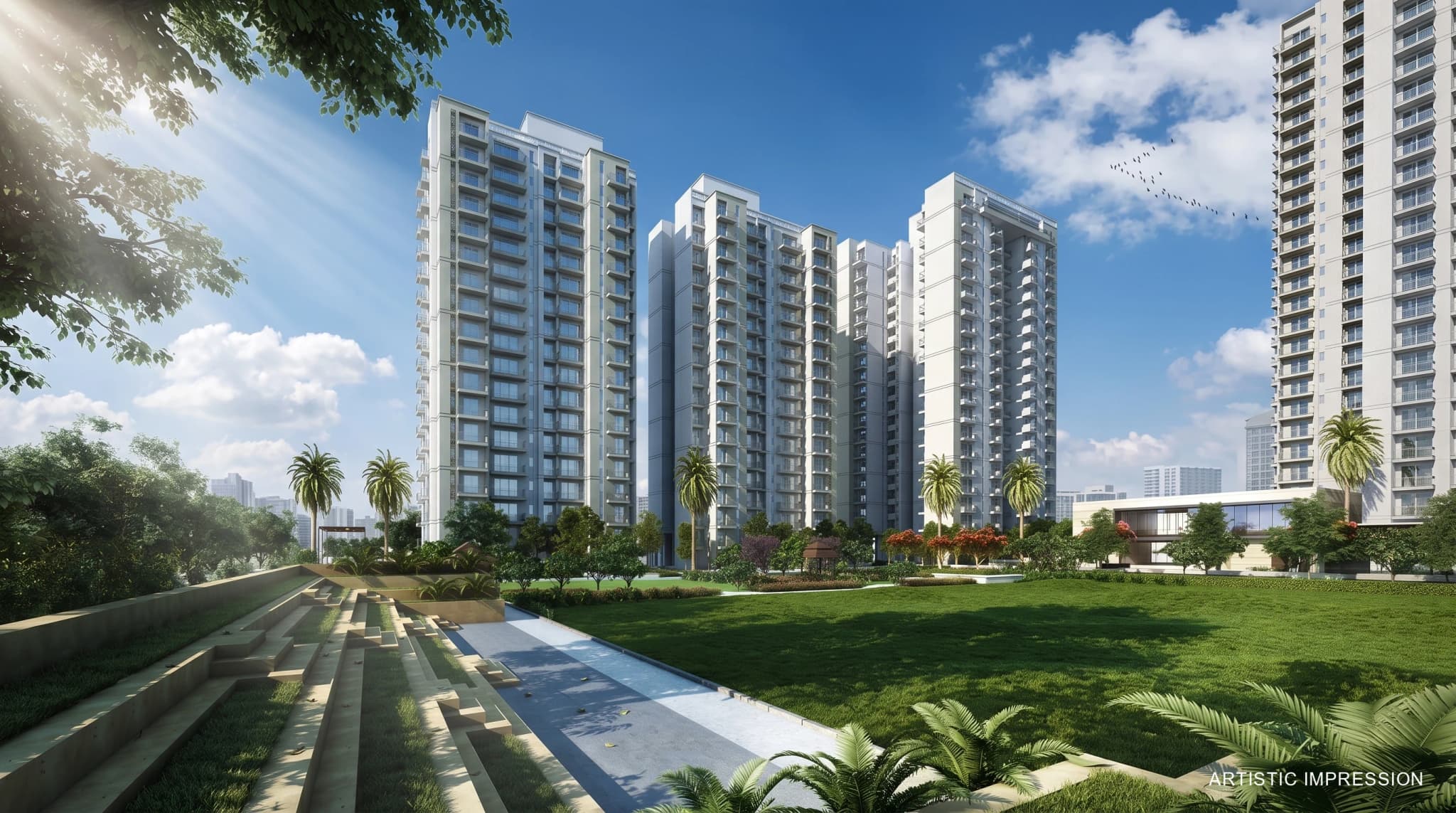 Daytime exterior view showcasing the modern high-rise residential towers and lush green landscapes at Godrej Nest