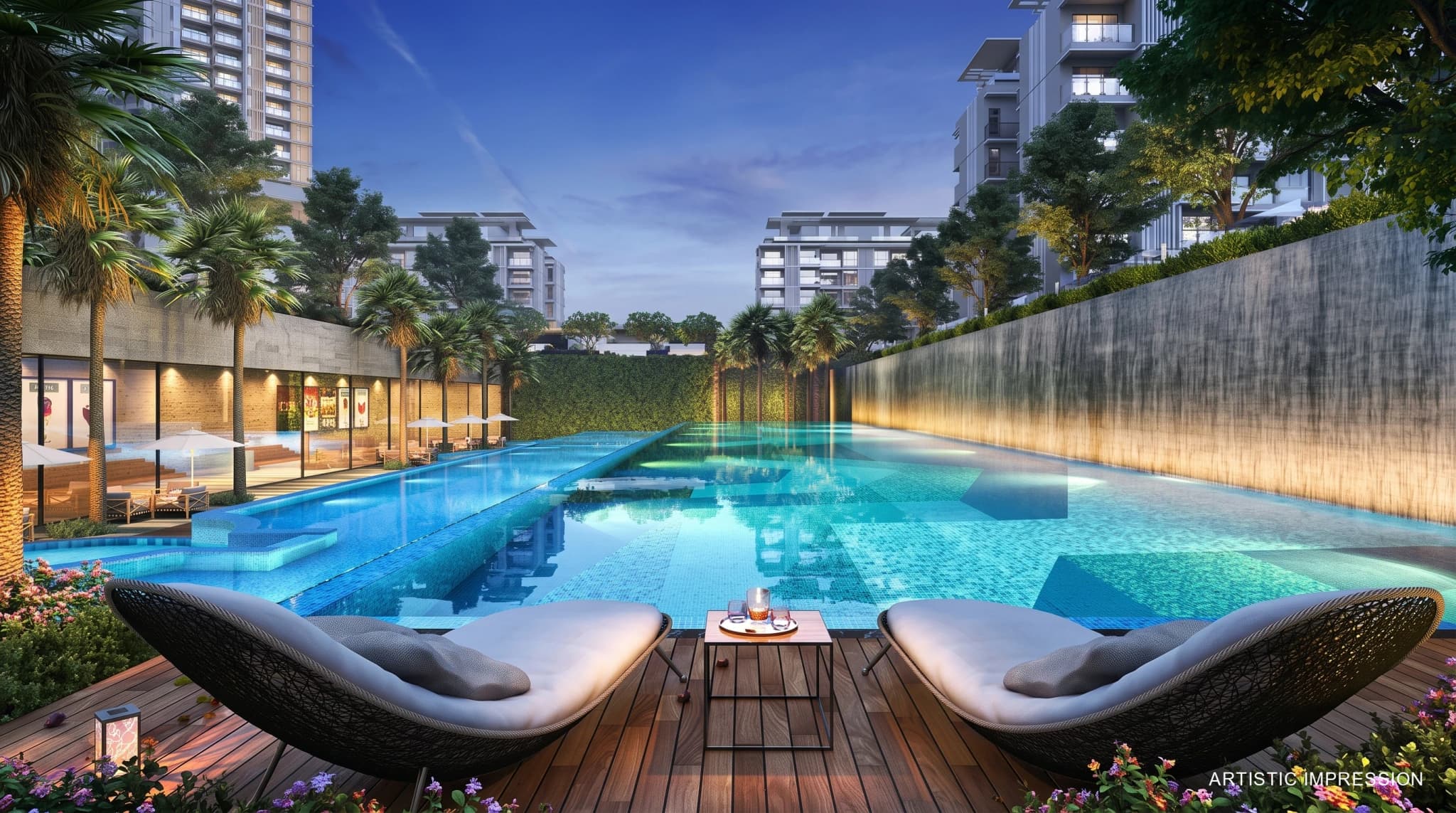 Luxury swimming pool and outdoor resort amenities at Godrej Palm Retreat