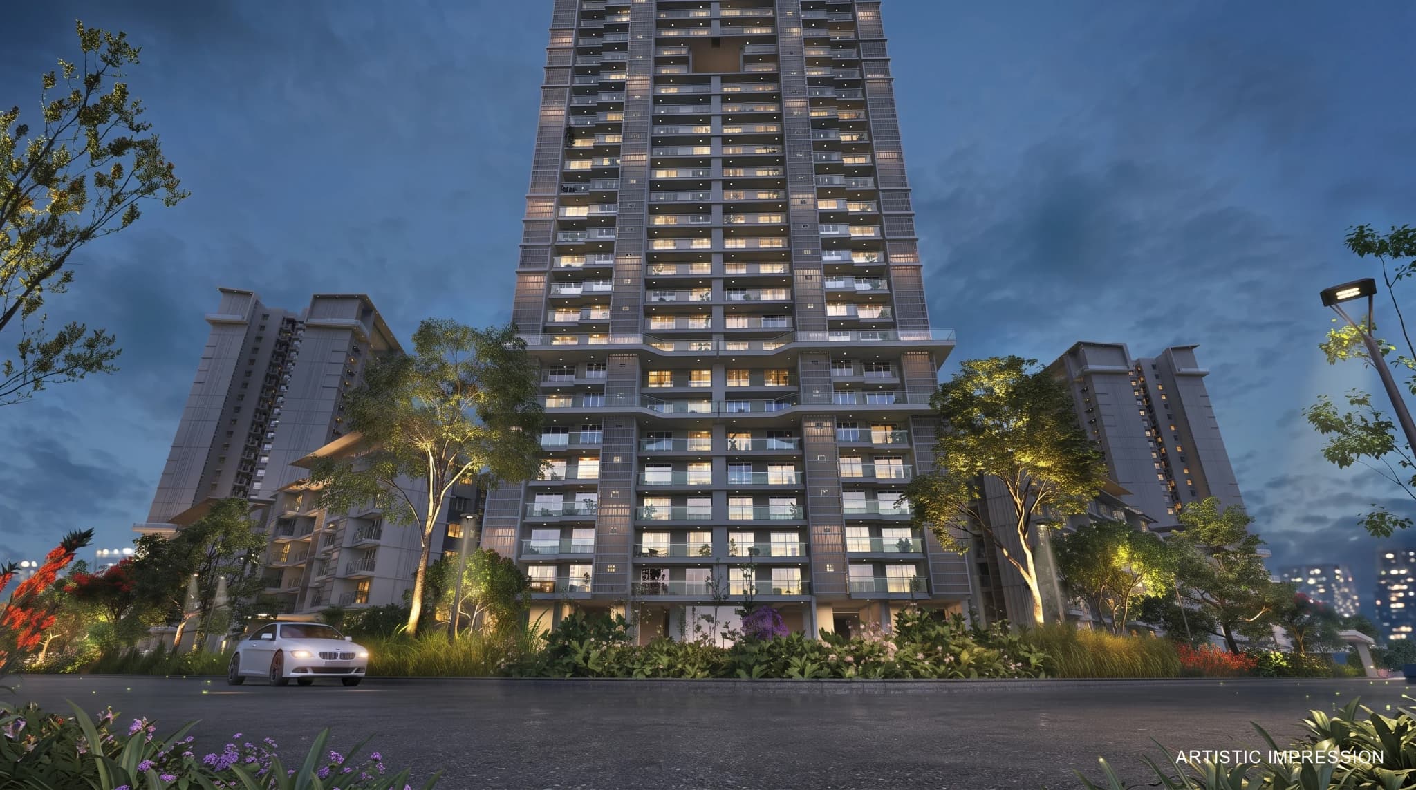 Premium high-rise residential apartment tower at Godrej Palm Retreat at dusk
