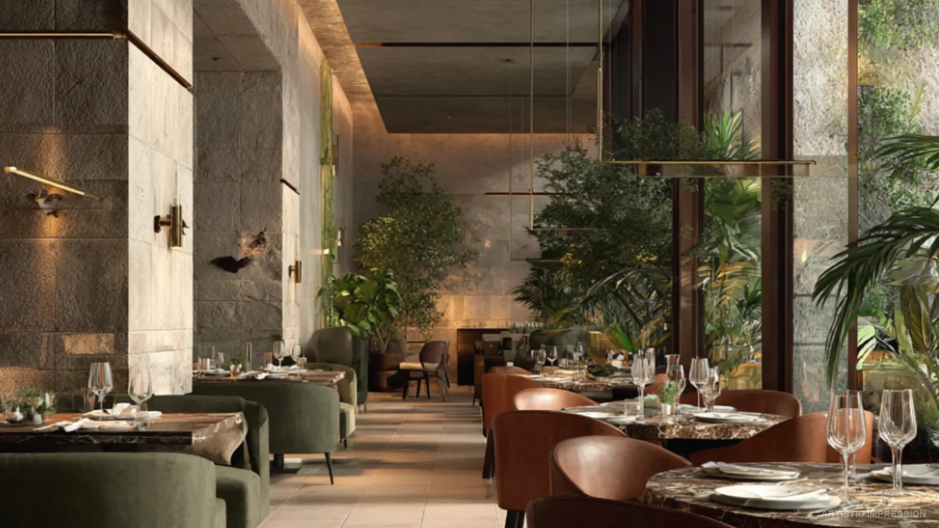 Elegant clubhouse lounge and dining space with nature-inspired interiors at Godrej Samaris