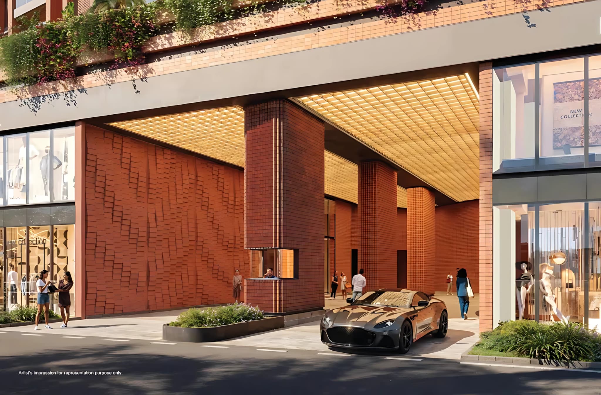 Grand clubhouse entrance with contemporary architecture at Godrej Skyshore