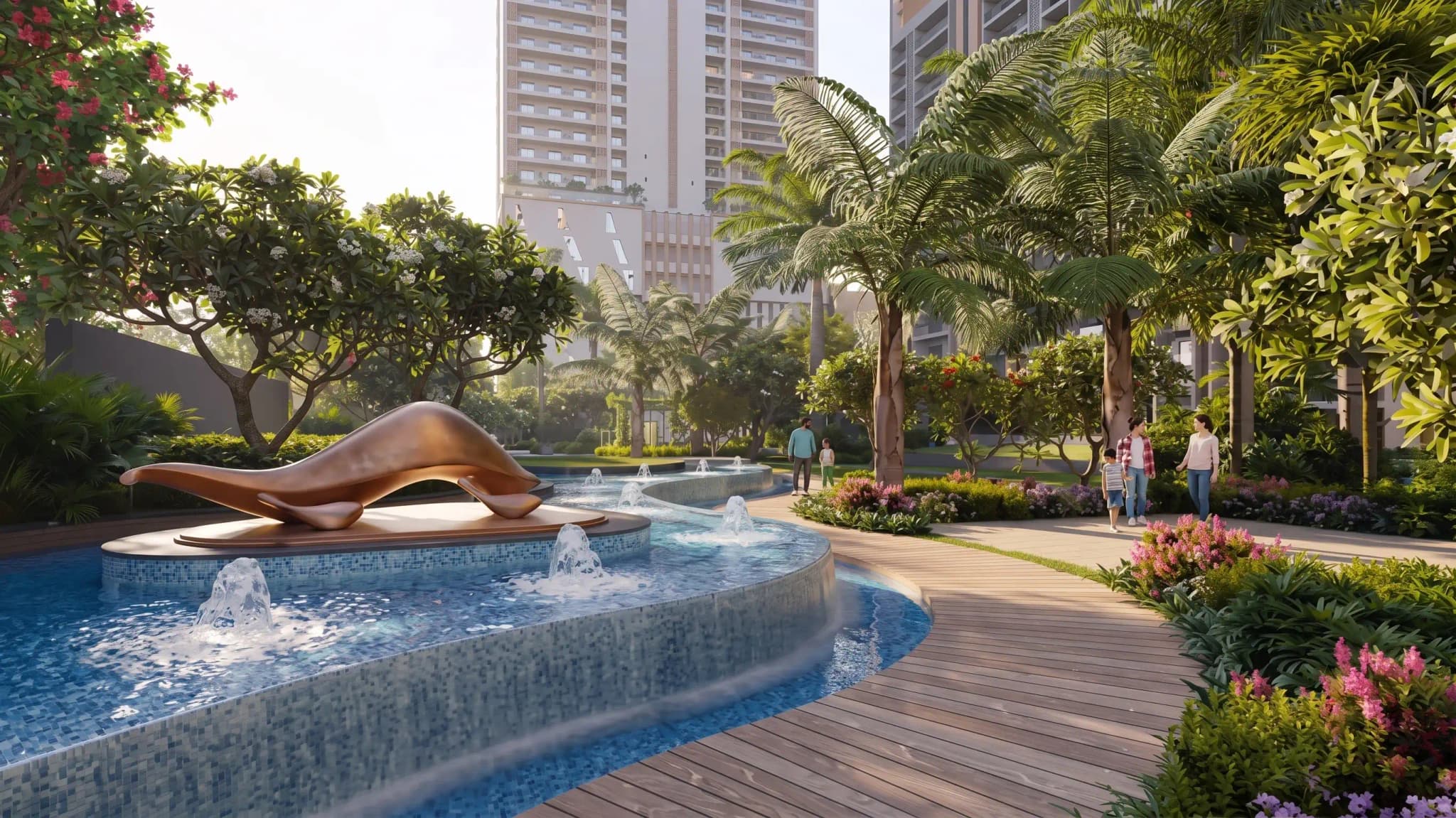 Landscaped swimming pool and water feature at Godrej South Estate