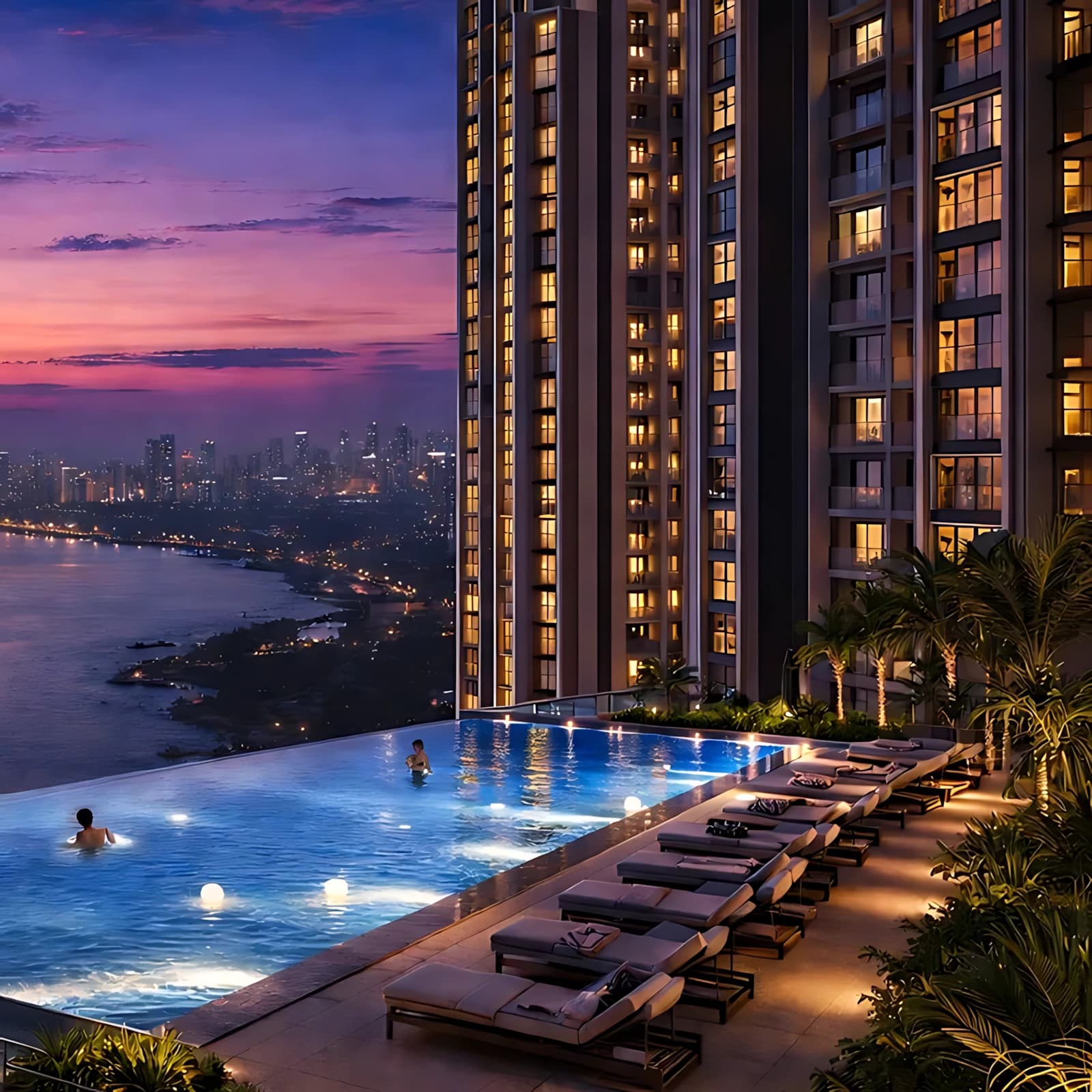 Modern high-rise apartment amenity floor featuring an outdoor infinity pool and deck overlooking the coastal cityscape