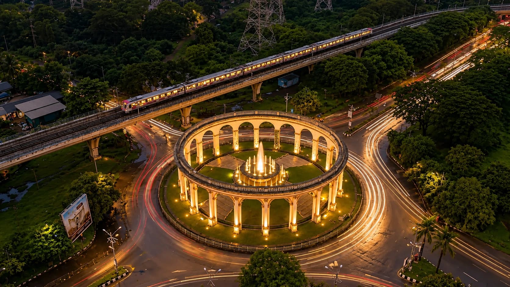 Bird's eye view of the infrastructure near Godrej Varanya featuring a metro train and city traffic light trails around a central fountain