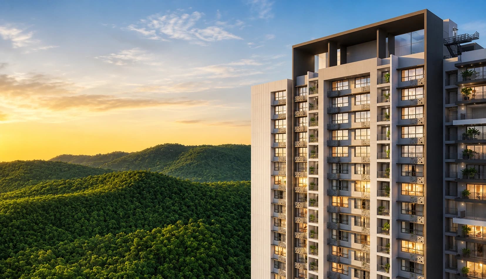 Exterior view of Godrej Varanya premium residential project building facade surrounded by green landscape