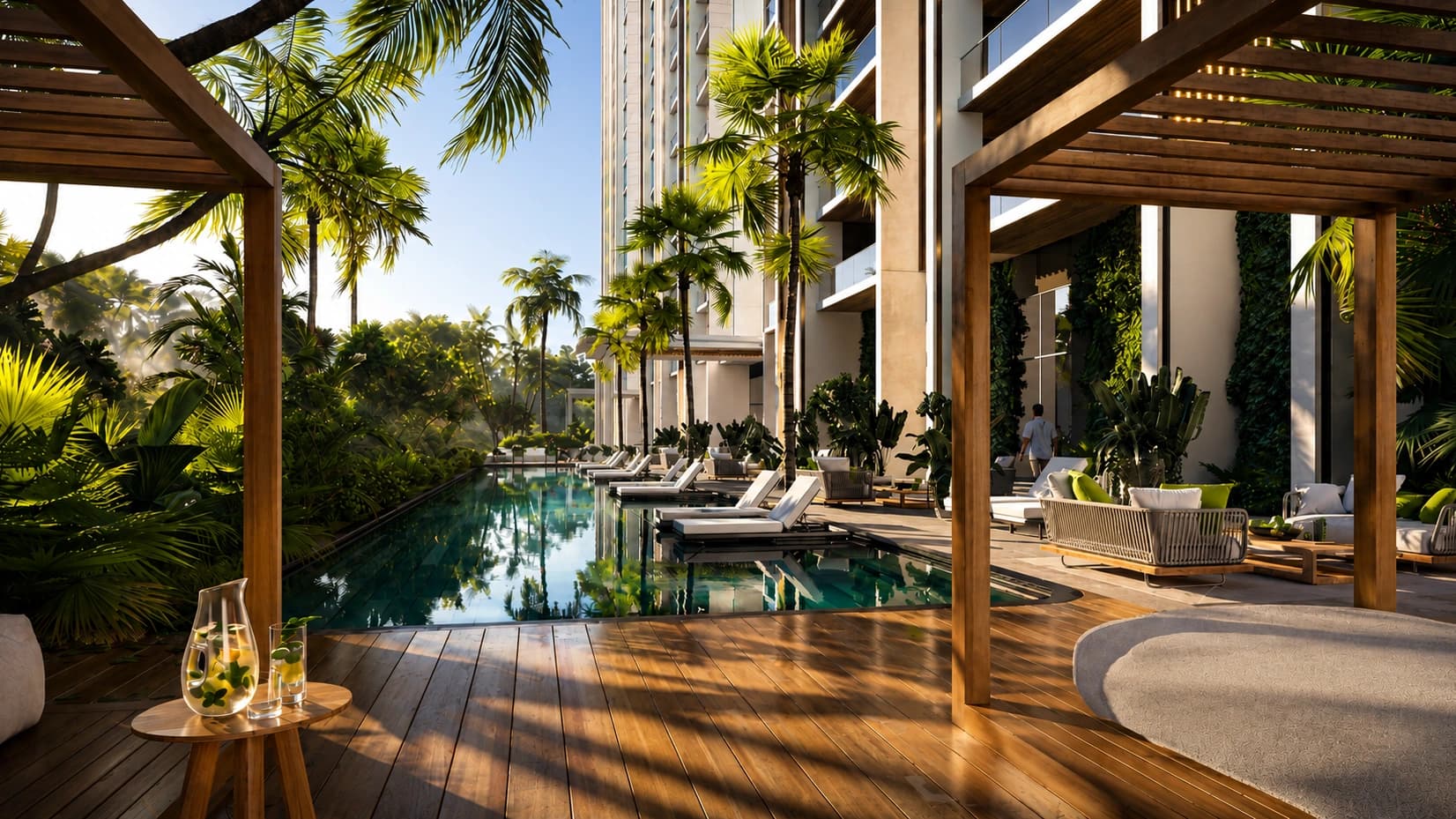 Luxury swimming pool surrounded by landscaped deck at M3M Altitude Golf Course Extension Road Gurgaon