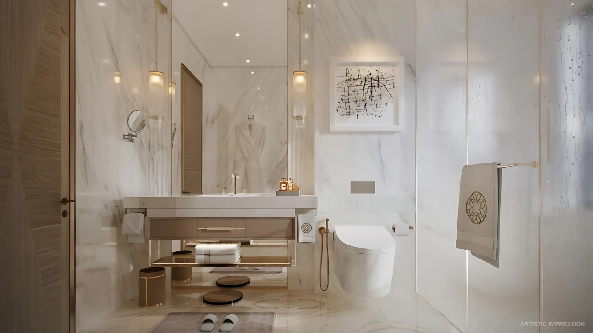 Luxury spa-inspired bathroom at M3M Elie Saab with premium fittings and elegant interiors