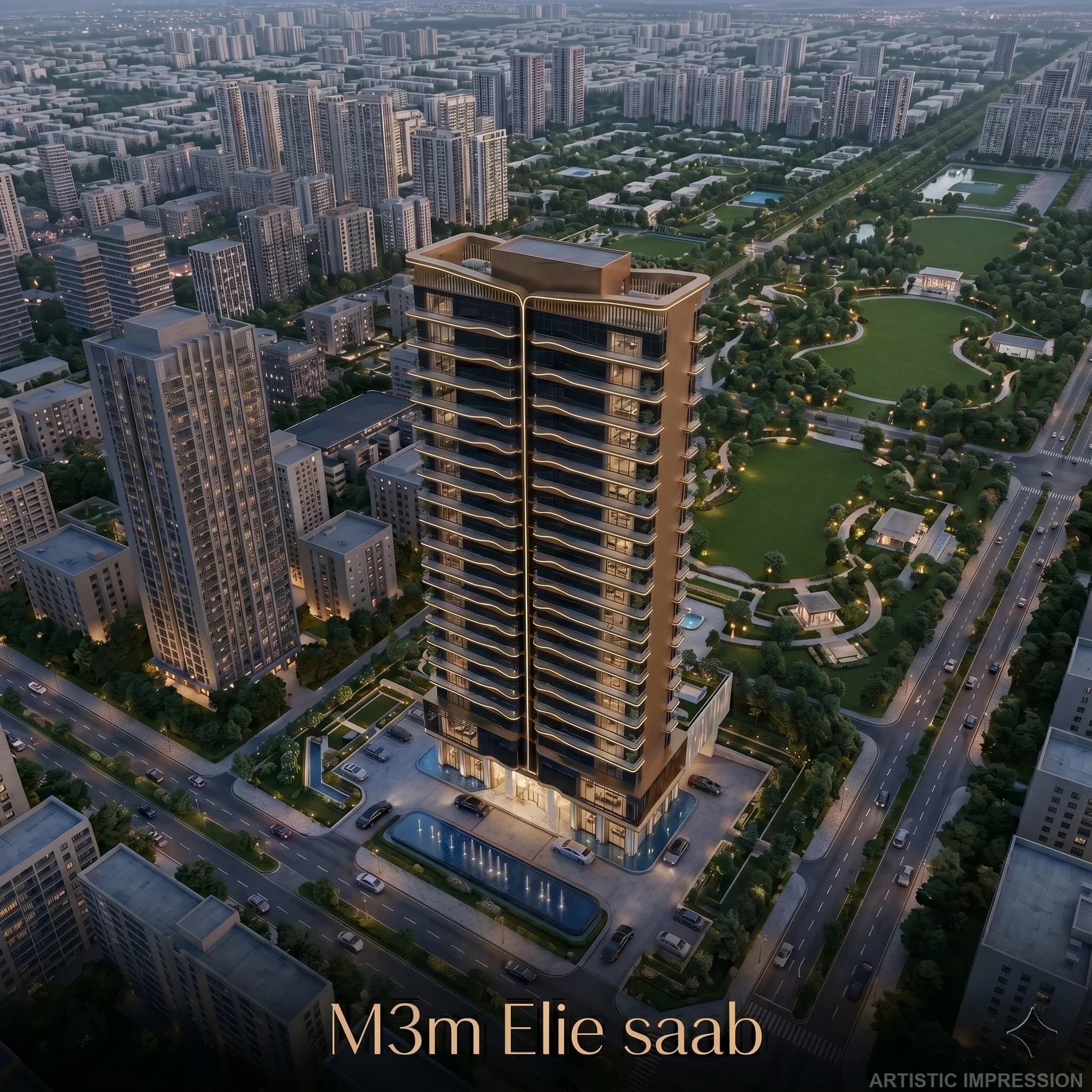 M3M Elie Saab premium residential tower with cityscape and green surroundings