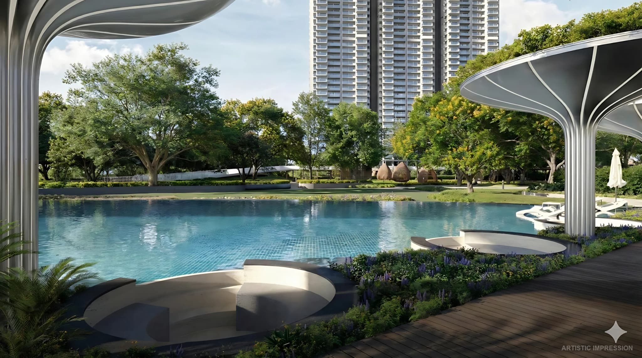 Luxury residential towers with landscaped gardens and premium outdoor amenities