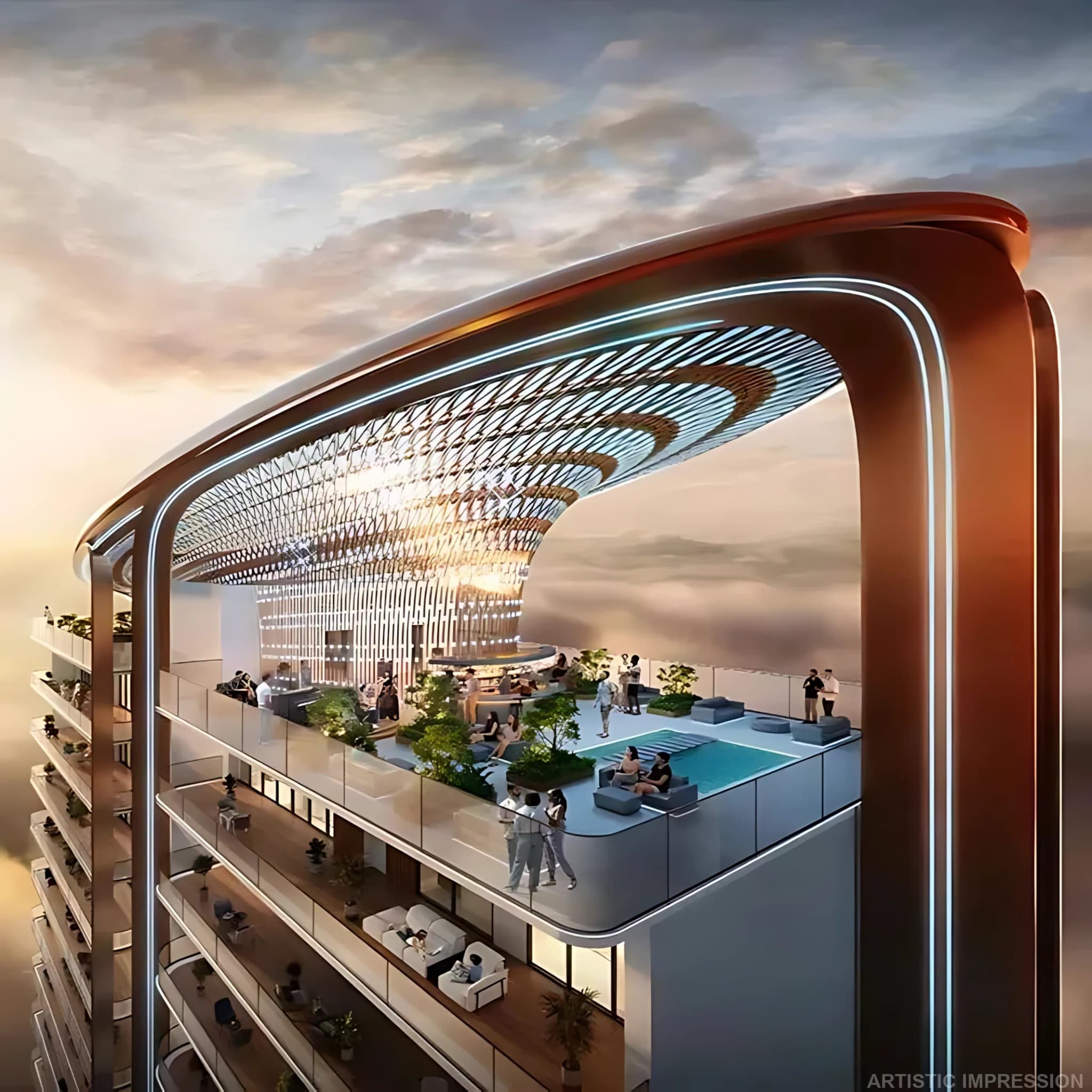 Luxury high-rise development with rooftop leisure and panoramic views