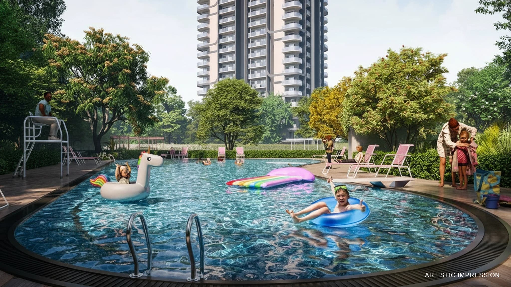 Luxury swimming pool amenities at M3M Opus