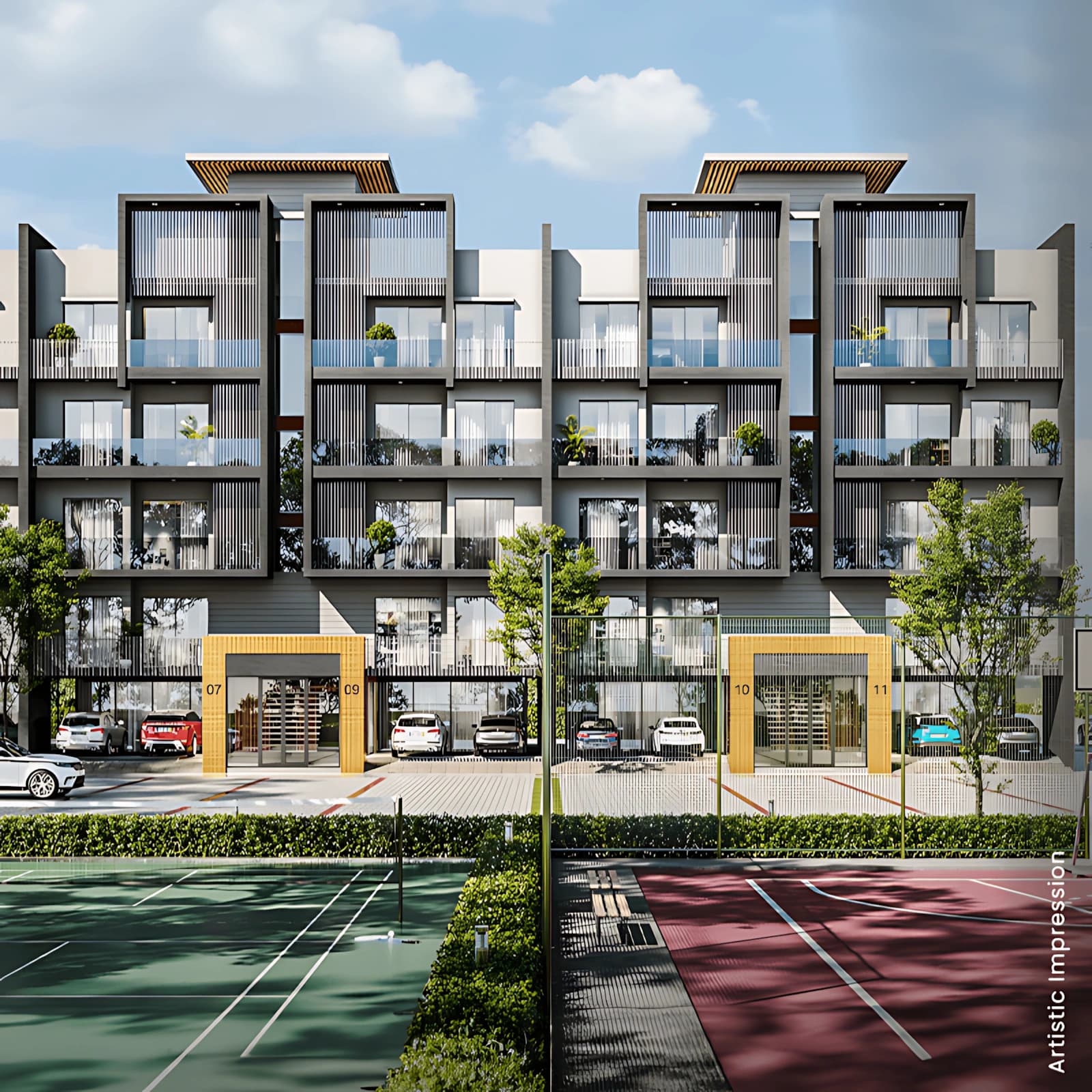 Boutique low-rise residences with private terraces and landscaped surroundings
