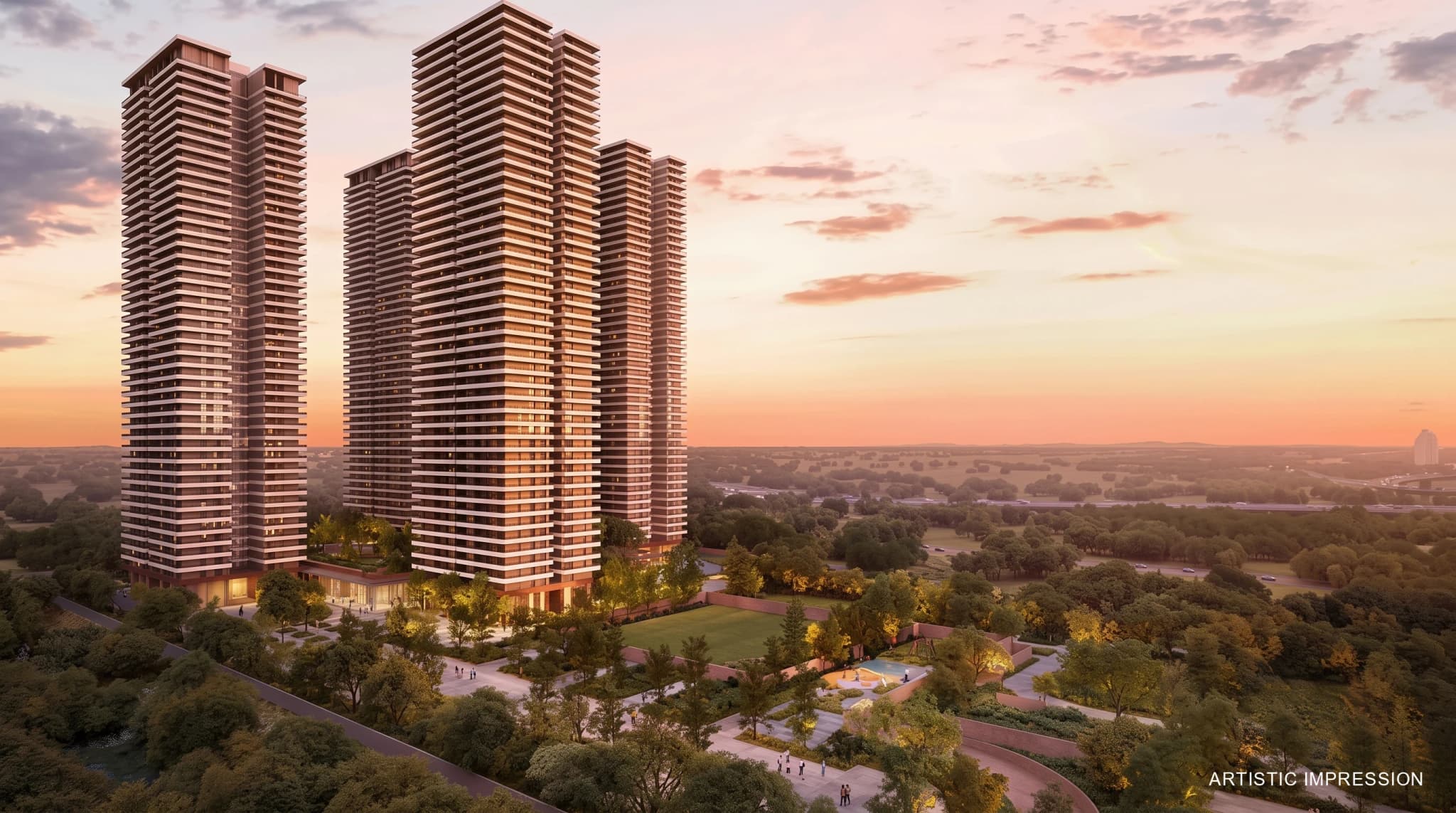 Premium high-rise residential apartments and green landscape at Max Antara during sunset
