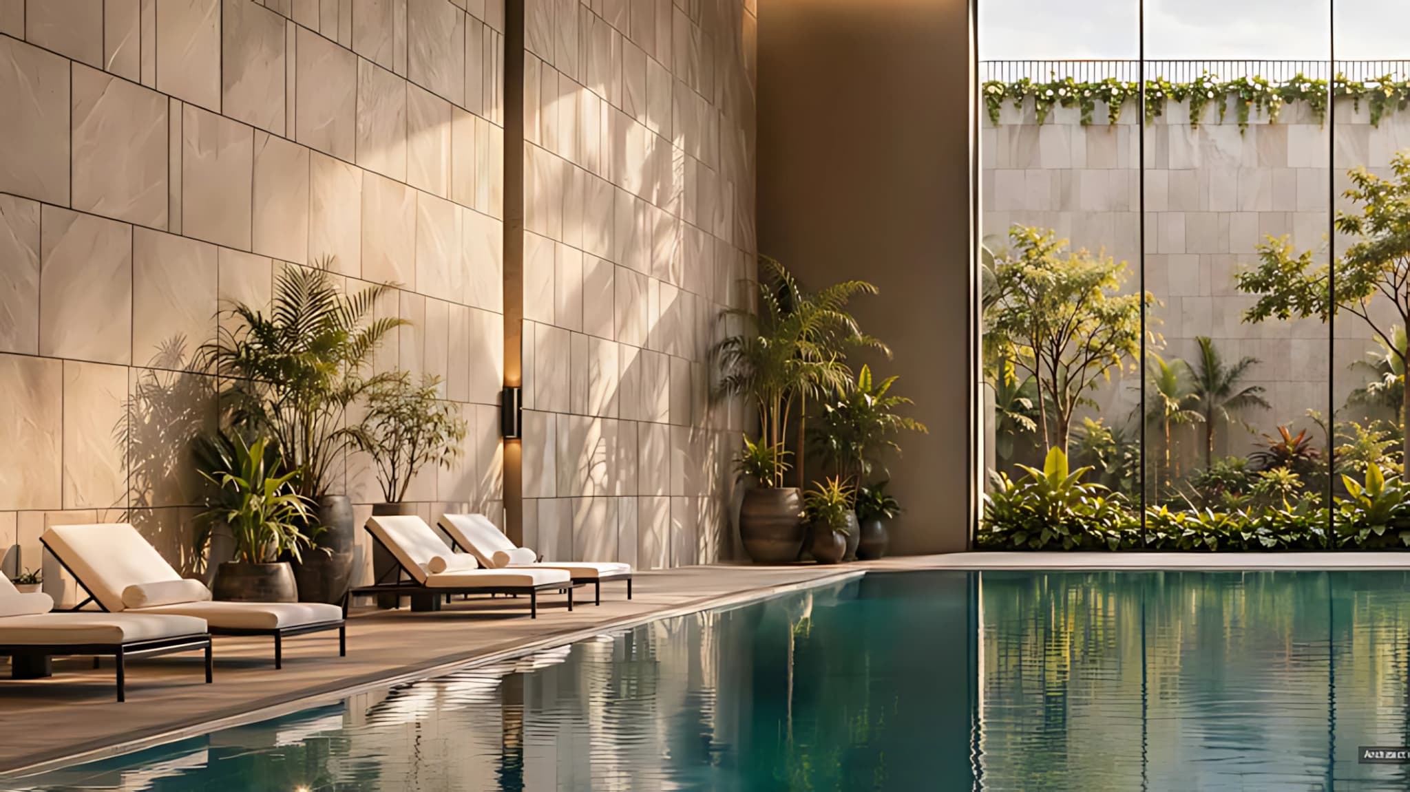 Luxury swimming pool and relaxation deck at Oberoi Three Sixty North
