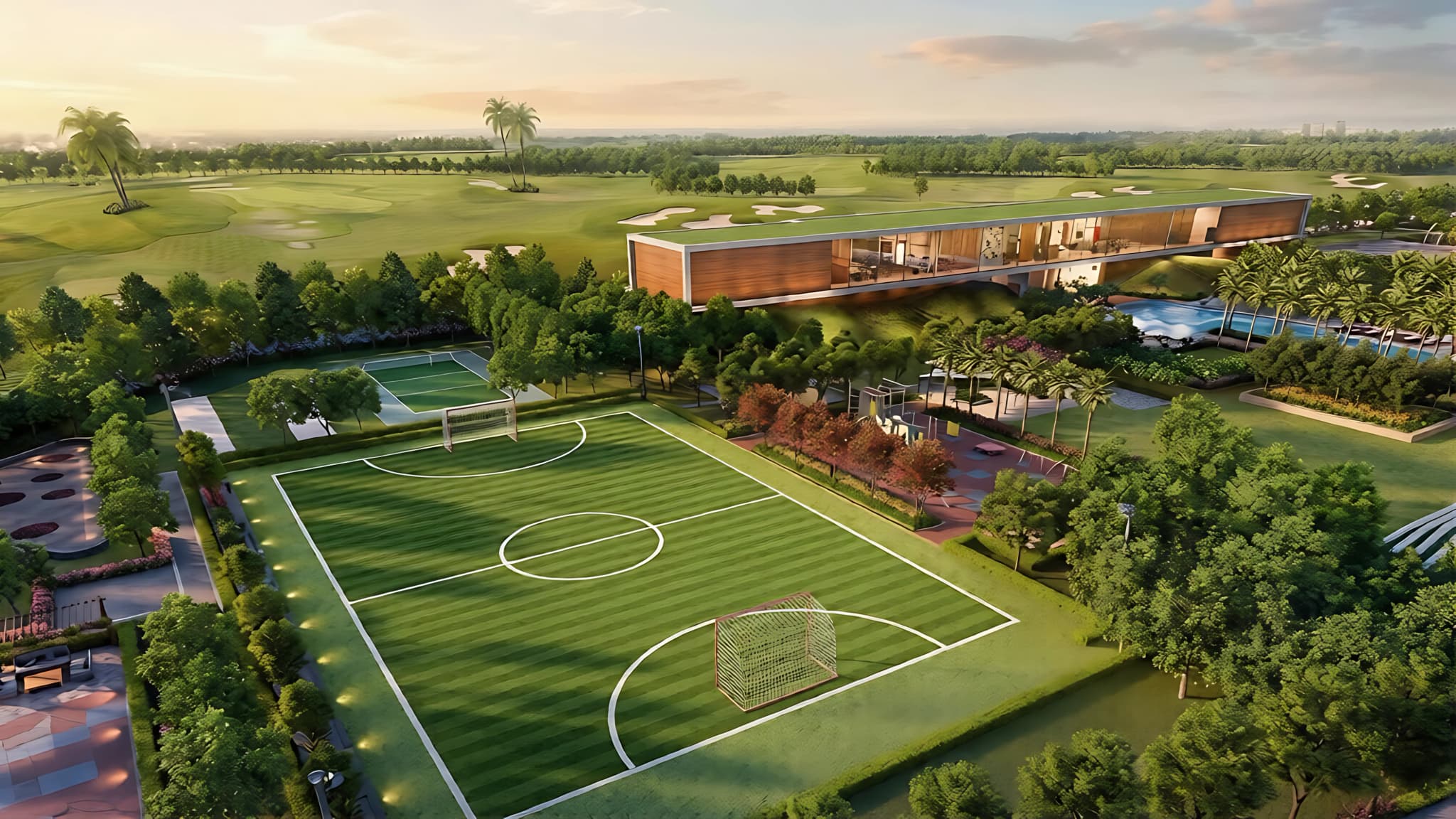 Premium amenities at Prateek Canary with clubhouse, swimming pool, yoga lawn and adjacent sports-sector facilities